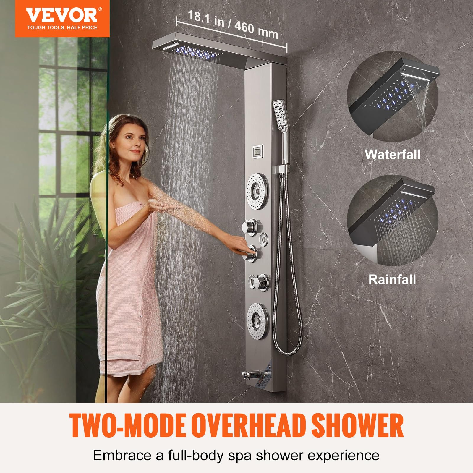 VEVOR Stainless Steel Shower Panel System with 6 Shower Modes - LED Rainfall Shower Tower, Waterfall & 4 Body Massage Jets, Wall-Mounted Shower Set with Tub Spout & 59
