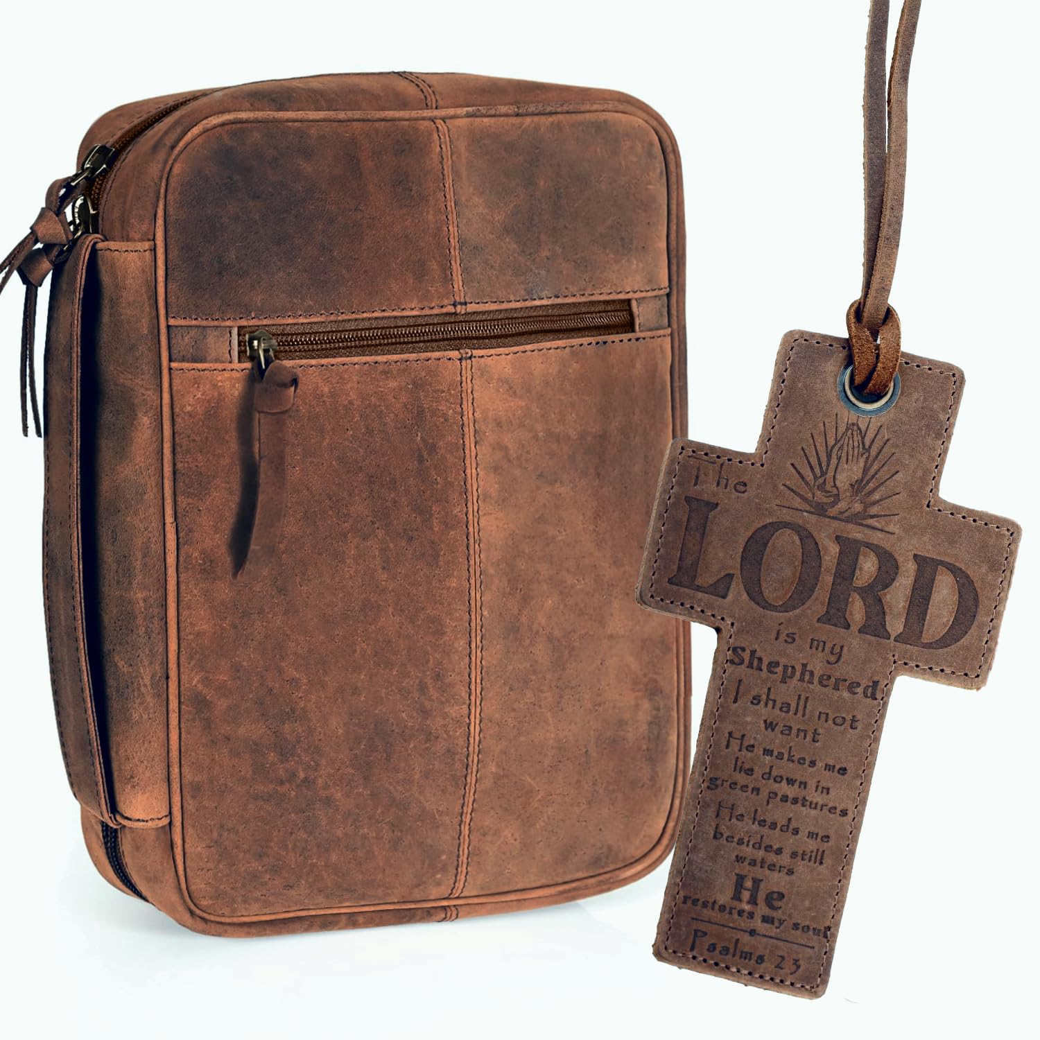 ELIZO Genuine Leather Bible Cover for Men & Women - Large Zippered Bible Case with Bookmark - Perfect for Church, Travel & Daily Bible Study - Christian Religious Gift Idea