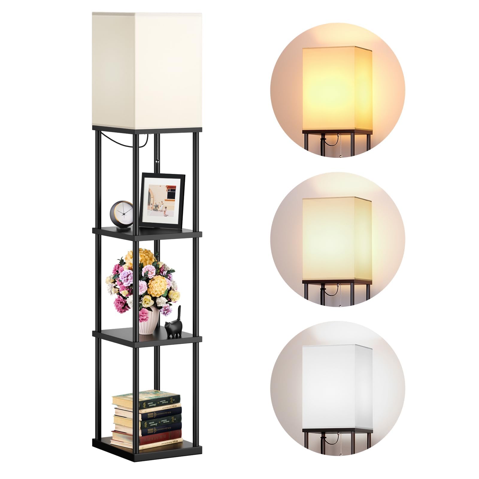 Addlon 4-Tier Modern Shelf Floor Lamp with 3CCT LED Bulb - Adjustable Brightness Display Lamp for Living Room, Bedroom, Office - Space-Saving Storage & Lighting Solution (Black)