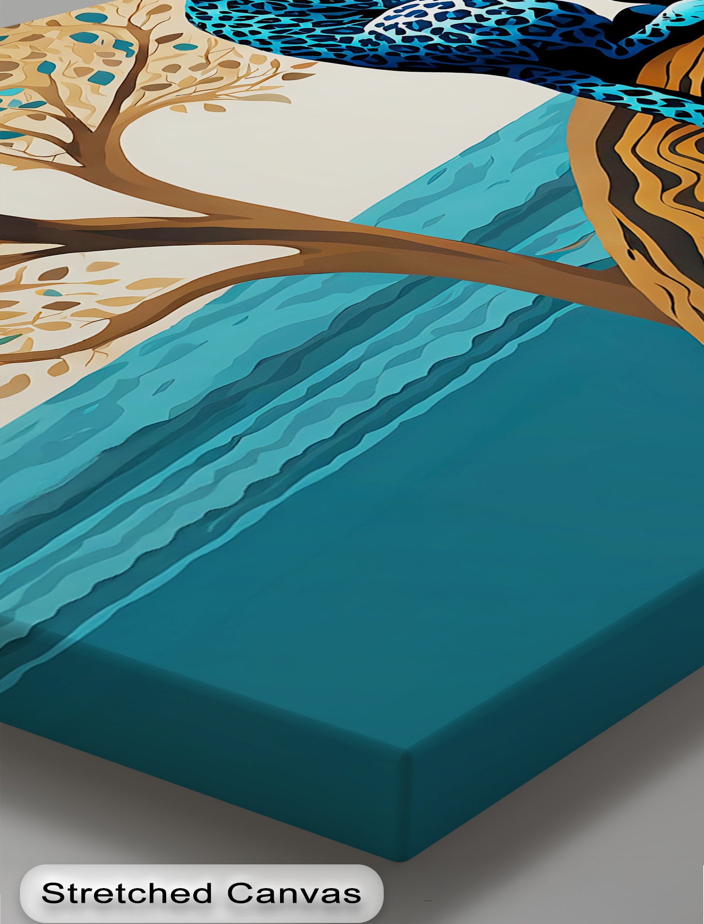 Blue Leopard in Tranquil Tree - Modern Jungle Animal Canvas Wall Art Print for Living Room, Bedroom & Office Decor