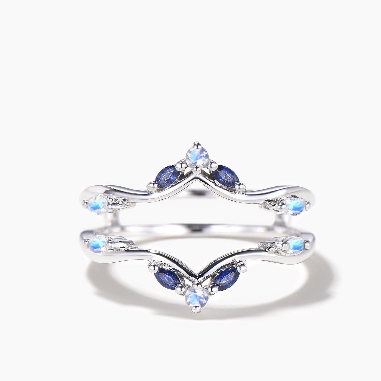 Exquisite Marquise Cut Sapphire & Round Moonstone White Gold Wedding Band Enhancer Ring - Perfect for Bridal Jewelry, Anniversary Gifts & Special Occasions