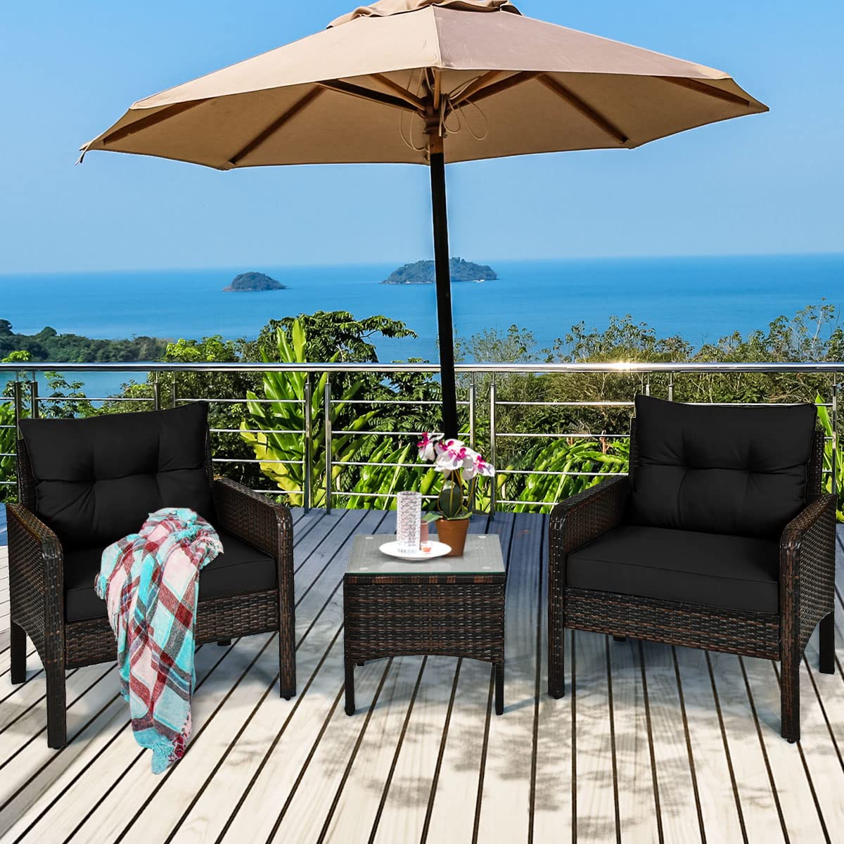 COSTWAY 3-Piece Outdoor Patio Furniture Set - All-Weather Wicker Sofa with Cushions & Coffee Table - Rattan Conversation Set for Garden, Balcony, Backyard, Poolside - Perfect for Relaxing, Entertaining & Outdoor Lounging (Black)