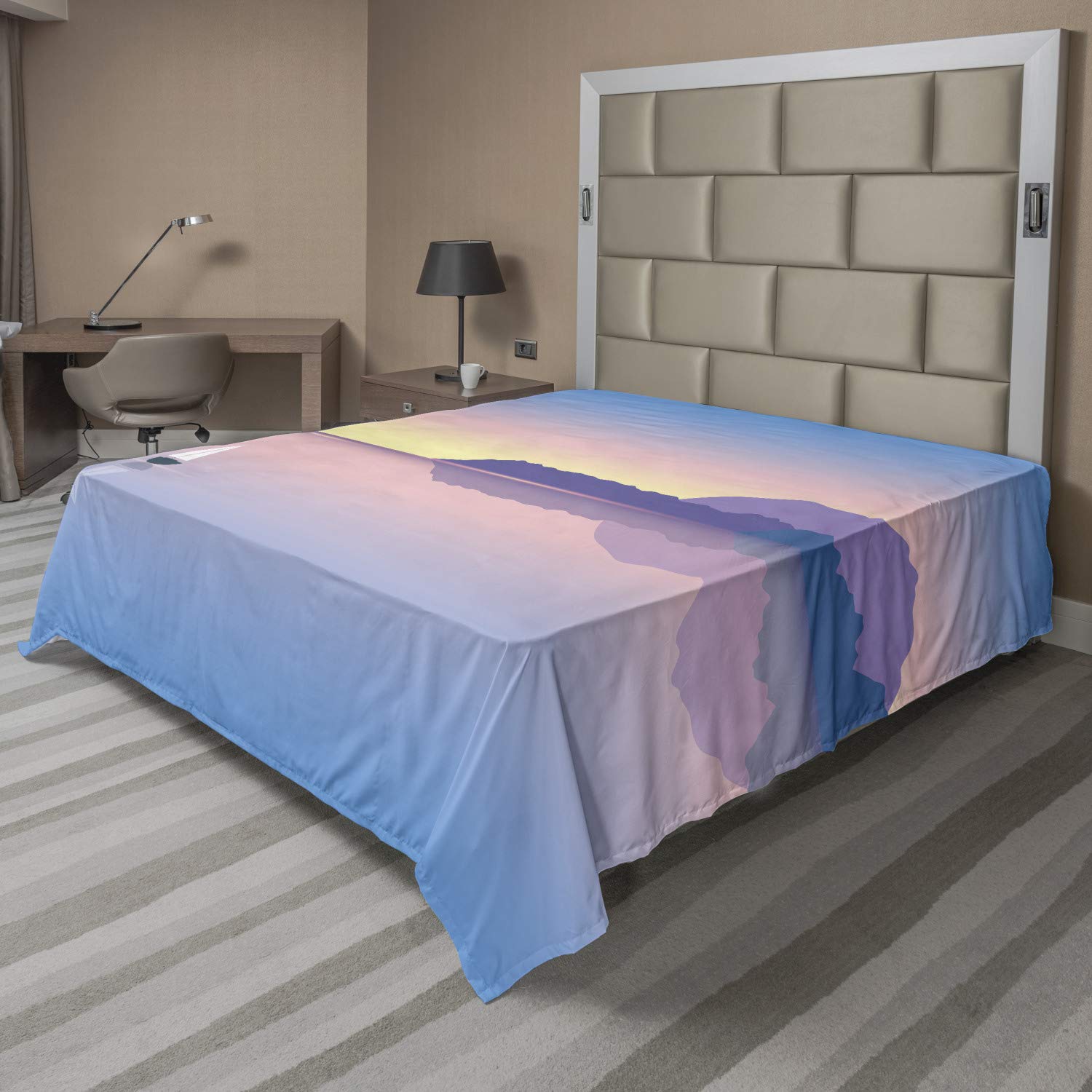 Ambesonne Full Size Travel Flat Sheet - Romantic Sunset Seascape with Boat Design, Soft & Comfortable Decorative Bedding, Azure Blue Rose - Perfect for Beach House, Guest Room & Vacation Getaways