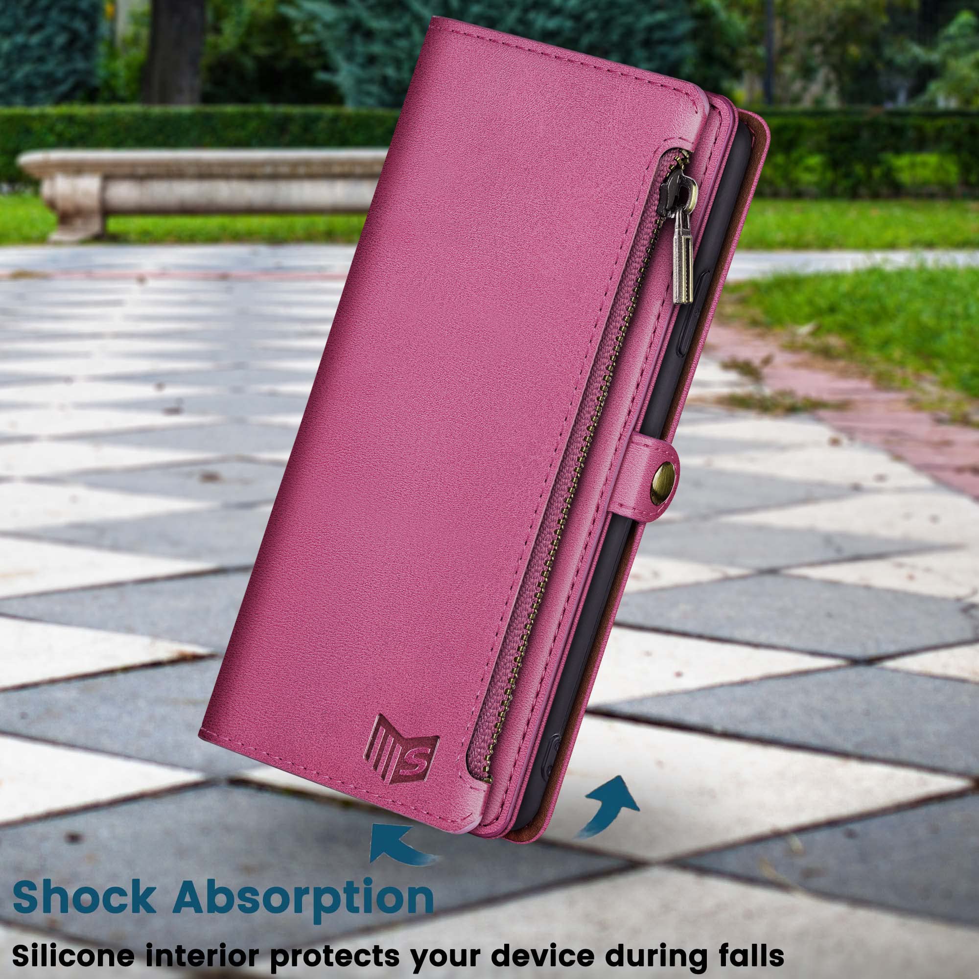 SUANPOT RFID Blocking PU Leather Wallet Case for iPhone 6 Plus/6S Plus - 9 Card Slots with Zipper Pocket, Shockproof Flip Folio Cover (Rose Red) - Perfect for Travel, Business & Daily Use