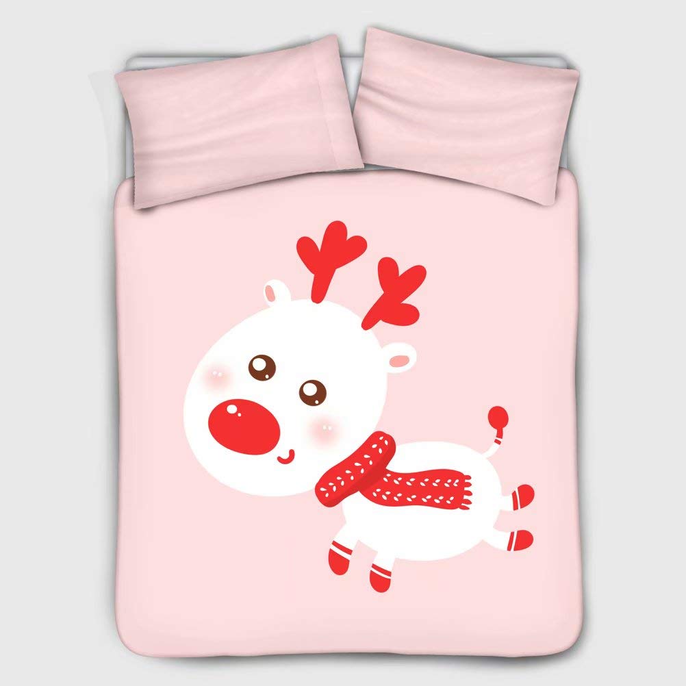 ORGYPET Cartoon Christmas Deer Printed Soft 3-Piece Pink Comforter Cover Set with Elastic Duvet Cover and 2 Pillowcases (Twin Size, Beige Lining) - Cozy Holiday Bedding for Kids Room, Christmas Decor & Winter Home Decor