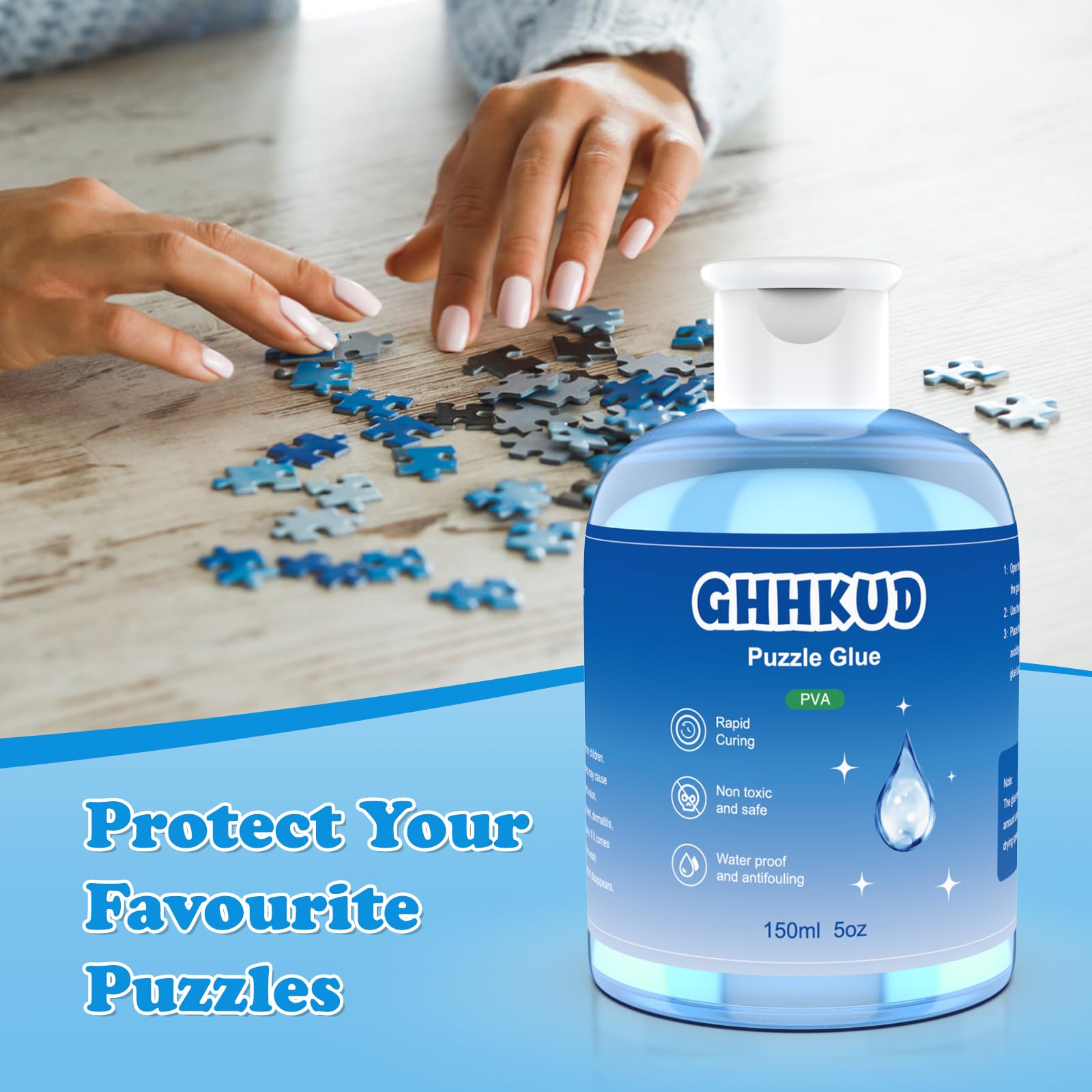 Premium 300ML Clear Puzzle Glue with Applicator Brushes | Non-Toxic Adhesive for Wood & Paper Puzzles | Perfect for 1000+ Piece Puzzles | Great for Framing & Preserving Puzzle Art (Blue)