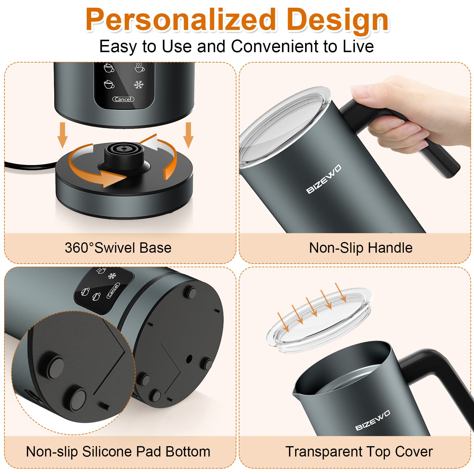 BIZEWO Electric Milk Frother - 4-in-1 Automatic Milk Warmer & Steamer with Touch Screen for Coffee, Latte, Cappuccino - Stainless Steel Warm & Cold Foam Maker for Home, Office, Coffee Shop Use