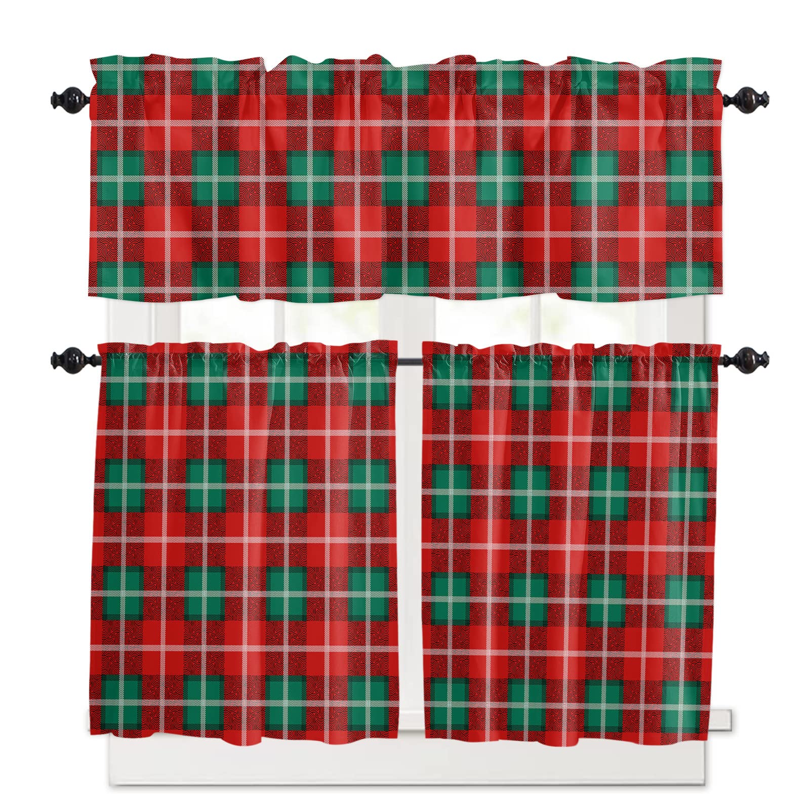 Merry Christmas Kitchen Curtains Set - 24 Inch Small Half Window Curtains with Rod Pocket, Red Green Black Plaid Geometric Design - Perfect for Cafe, Bathroom, Bedroom & Holiday Decor