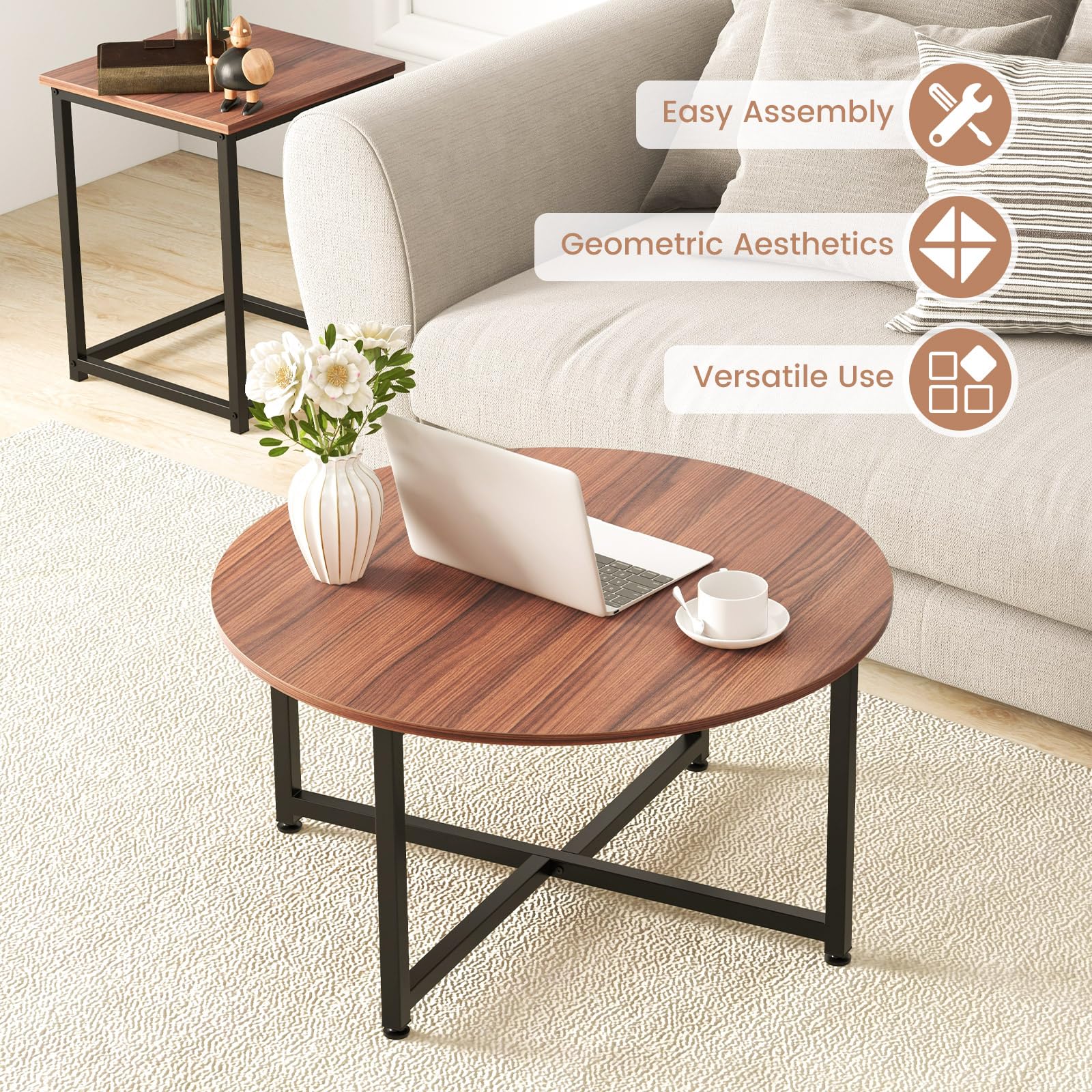 COSTWAY 3-Piece Coffee Table Set - Round Wood Grain Coffee Table & 2 Square End Tables with Sturdy Metal Frame, Modern Living Room Furniture for Small Spaces & Apartments (Walnut & Black) | Perfect for Compact Living Rooms, Studio Apartments & Cozy Home Decor