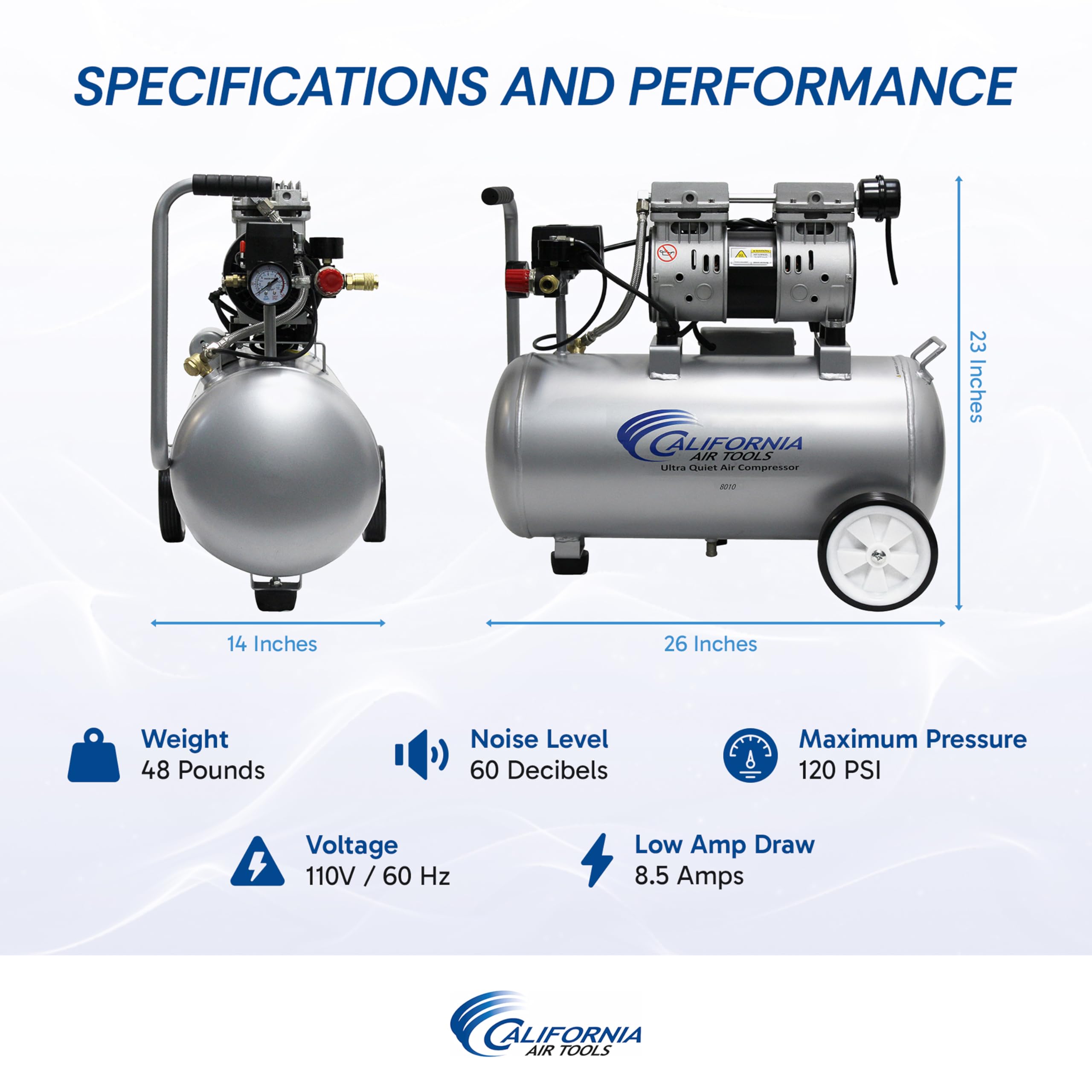 California Air Tools 8010 1.0 HP Ultra Quiet Oil-Free Air Compressor - 8 Gallon Steel Tank, Lightweight Portable with Wheels, 60 dBA for Home Garage, Workshop & DIY Projects