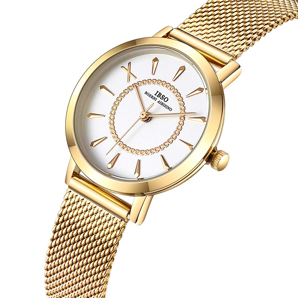 IBSO Women's Stainless Steel Mesh Band Watch - Gold Quartz Wristwatch with Waterproof Design for Everyday Wear & Fashion Accessories | Perfect for Office, Dating & Special Occasions