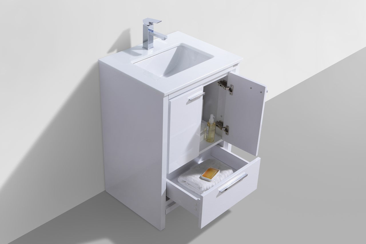 DAD24 Modern Bathroom Vanity with Gloss White Finish & Quartz Countertop - Floor Standing Contemporary Design for Bathroom Remodeling, Home Decor, and Space-Saving Storage Solutions