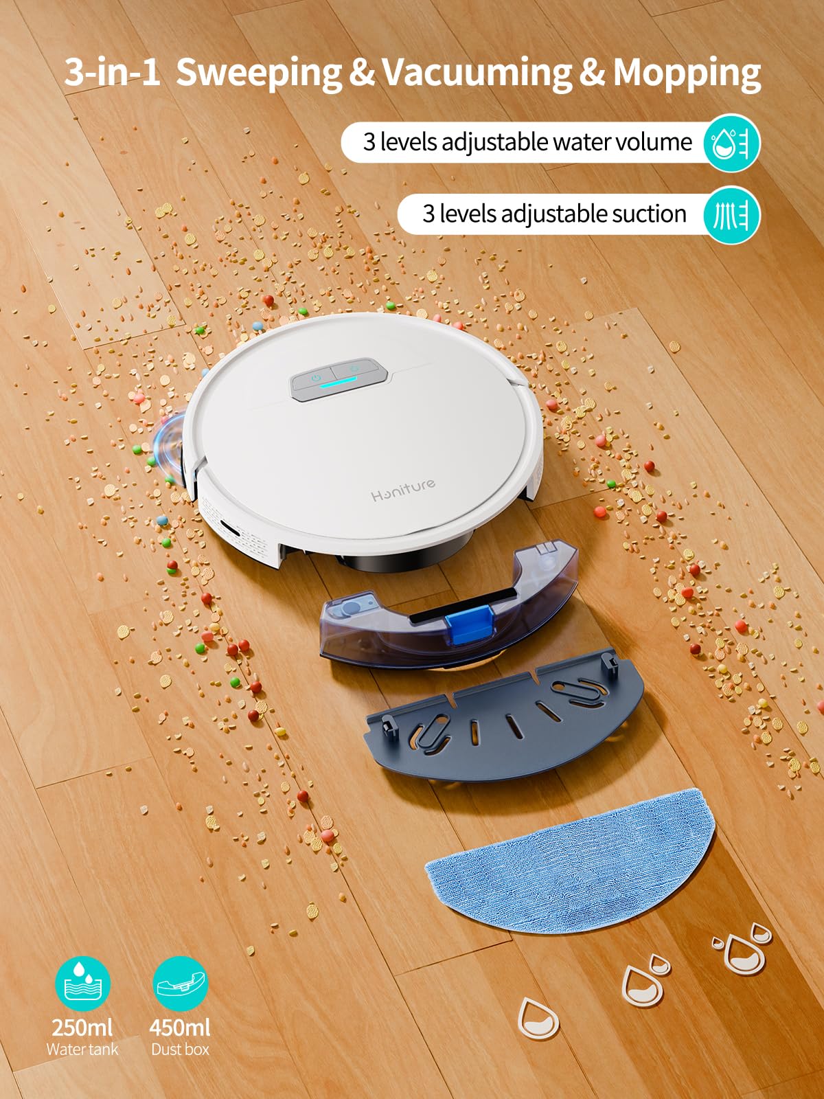 HONITURE G20 Robot Vacuum and Mop Combo with 4000Pa Strong Suction - Self-Charging, 150Min Runtime, App/Remote/Voice Control, Ultra-Slim Design - Perfect for Pet Hair, Hard Floors & Carpets - Smart Cleaning for Homes with Pets & Allergies