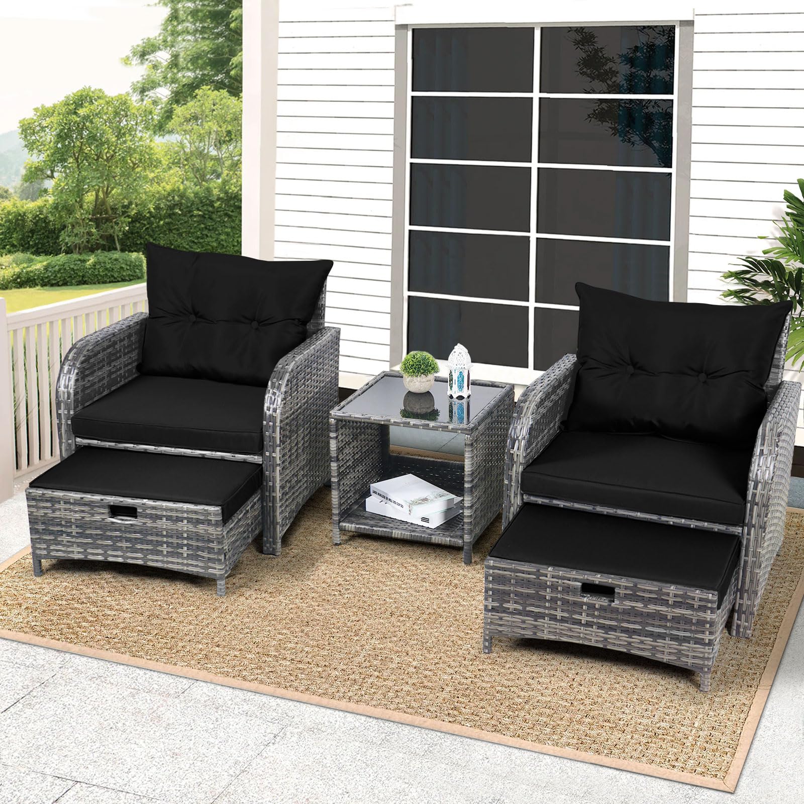 5-Piece PE Wicker Outdoor Patio Furniture Set with Ottoman & Side Table - All-Weather Rattan Chairs for Porch, Balcony, Sunroom - Perfect for Relaxing, Entertaining & Lounging (Black)