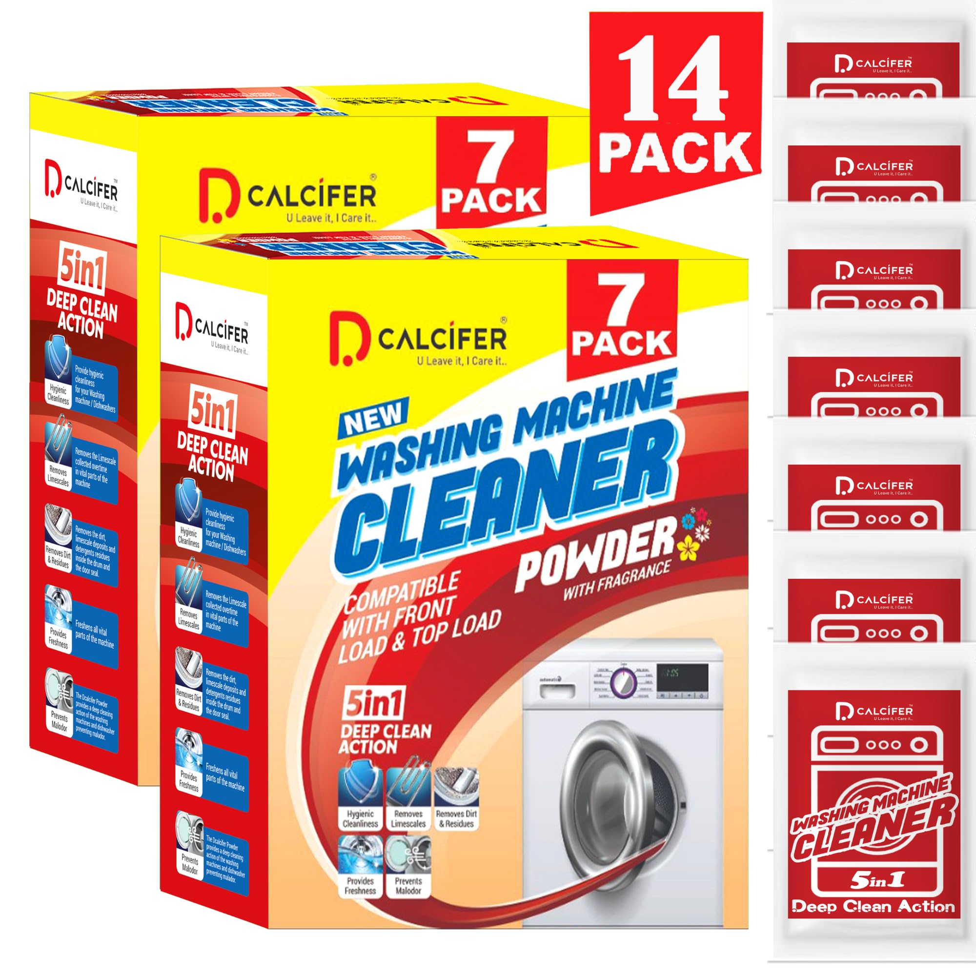 Dcalcifer Washing Machine Cleaner & Descaler Powder - Deep Cleaning for Front/Top Load Washers (Semi & Fully Automatic) - 14 Pouches (350g x 2 Pack = 700g) - Removes Limescale, Odors & Residue - Perfect for Monthly Maintenance & Appliance Care