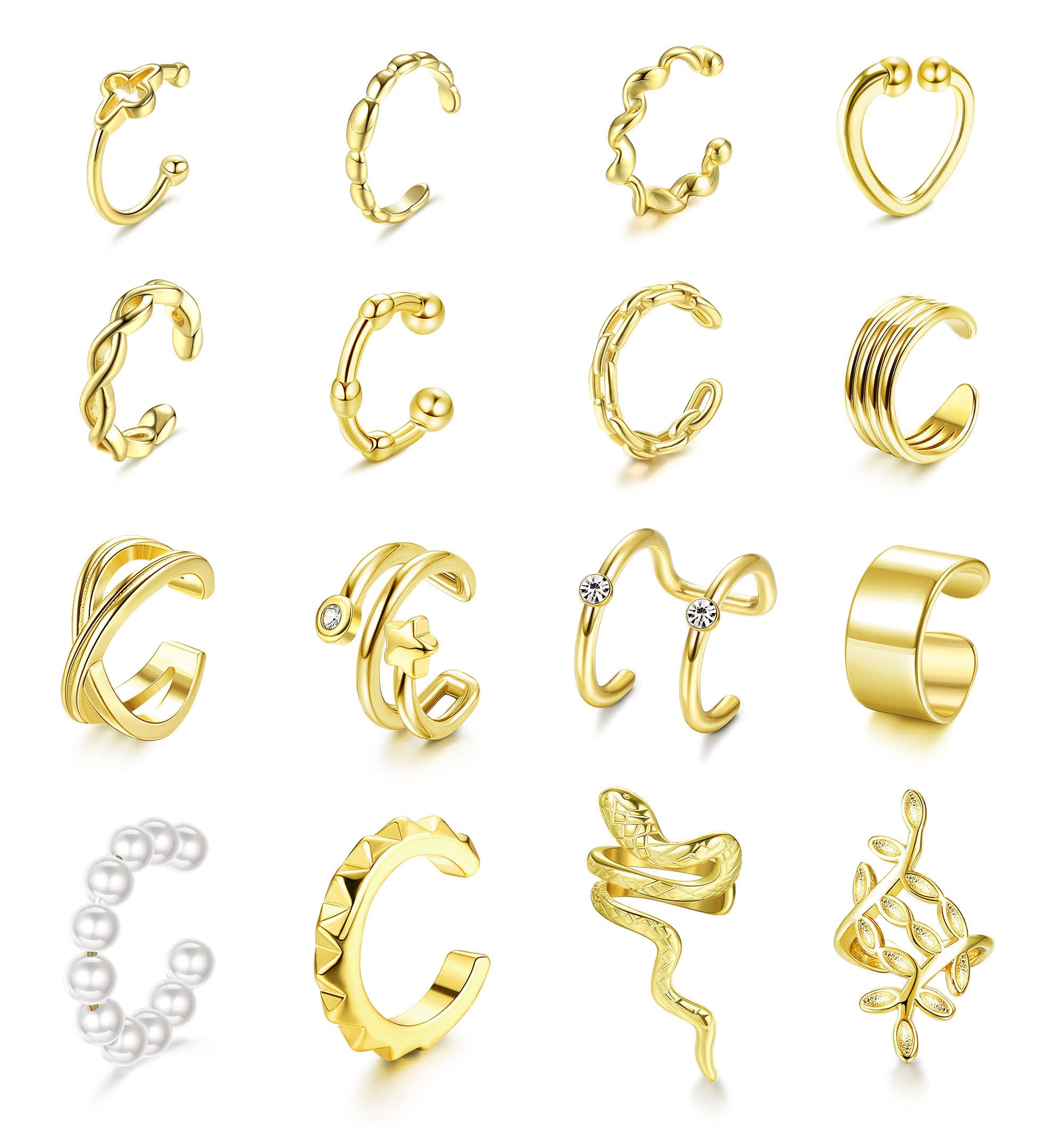 Clip-On Earrings for Women & Men - 16PCS No-Piercing Cuff Set for Parties & Daily Wear