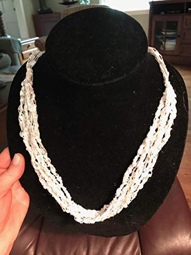 White Adjustable Length Scarf Necklace - Crochet Yarn Ladder Trellis Ribbon Accessory for Women | Perfect for Boho Style, Layering & Fashion Outfits