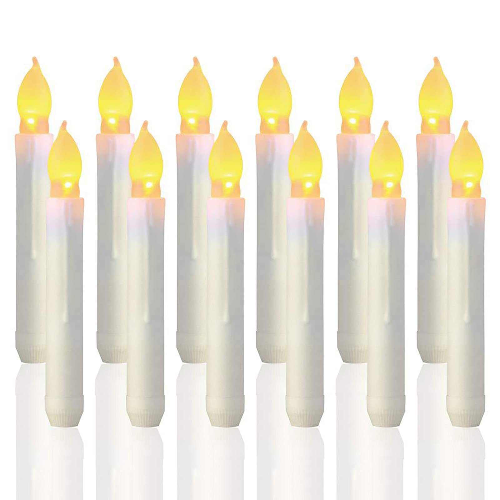 DRYEN 12-Pack 6.5-Inch Flameless LED Taper Candles with Realistic Flickering Effect - Battery Operated Fake Candles for Wedding, Birthday Party, Christmas & Halloween Decorations - Perfect for Table Centerpieces, Fireplace Mantels & Romantic Ambiance