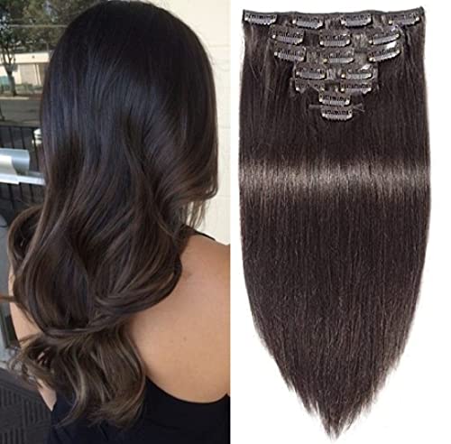 LEYSIN 18 Inch Clip-In Human Hair Extensions - 7pcs 50g Silky Straight Real Hair Extensions for Women & Girls, Dark Brown | Perfect for Volume, Length & Styling for Parties, Weddings & Everyday Wear