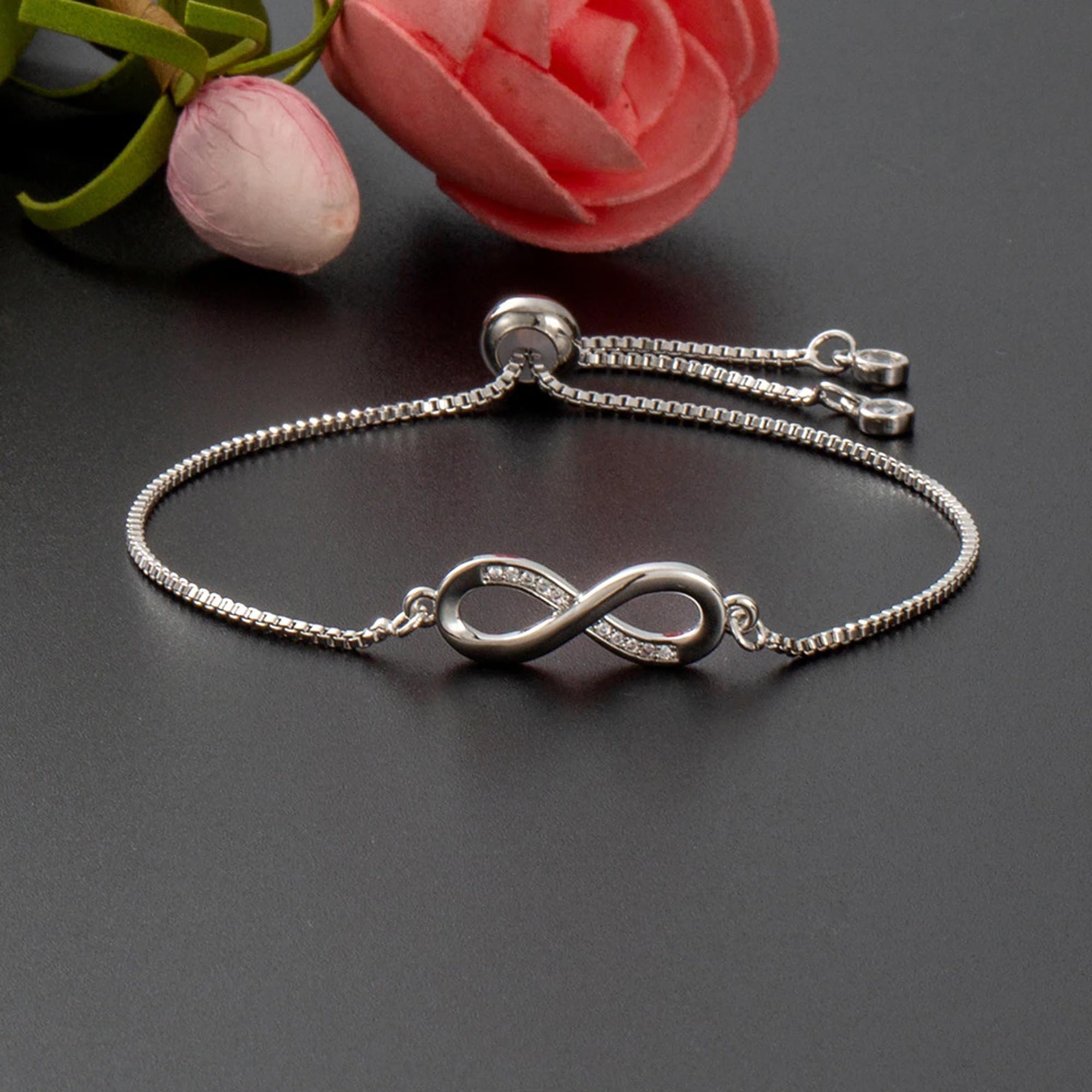 Elegant Silver CZ Infinity Adjustable Bracelet for Women & Girls - Stylish Love Gift, Fashion Jewelry Wristwear - Perfect for Date Nights, Parties & Special Occasions