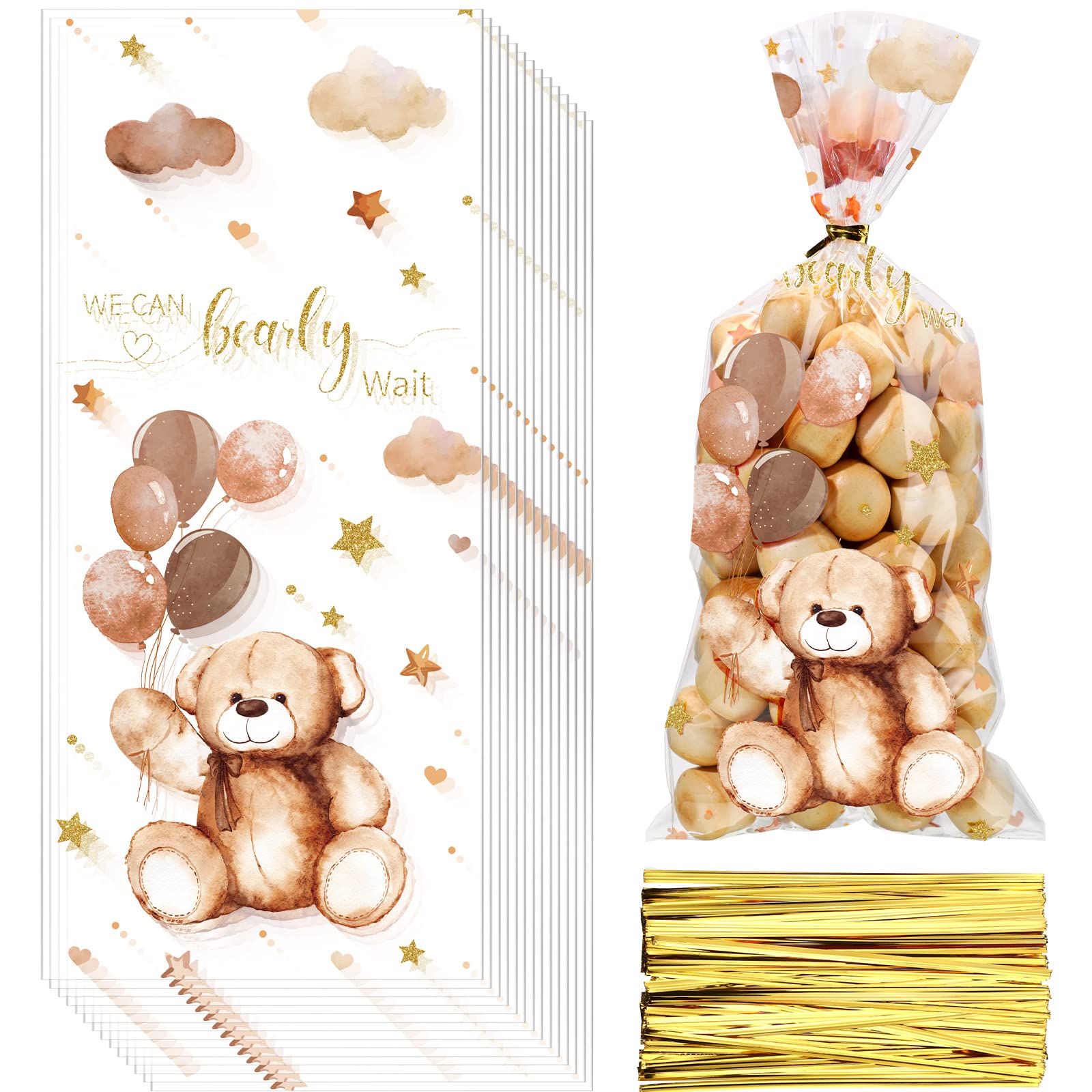 Maitys 100-Piece Bear Treat Bags - Plastic Goodie Candy Bags with 100 Gold Twist Ties for Baby Shower Party Favors, Back to School Treats & Birthday Celebrations - Perfect for Baby Showers, Classroom Rewards & Party Favors (Cute Bear Design)