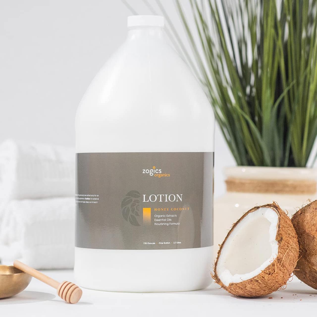 Zogics Organic Hydrating Body Lotion for Women & Men - Moisturizing Cream with Essential Oils, Honey Coconut Scented - 1 Gallon (Pack of 4) | Refillable Lotion for Spa, Gym, Home & Office Use