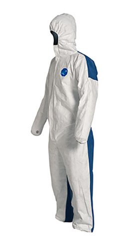 DuPont Tyvek 400D Protective Coverall with ProShield 10 Back - White/Blue Disposable Hazmat Suit with Front Zipper, Hood & Elastic Cuffs (X-Large, 25-Pack) - Ideal for Construction, Painting, Chemical Handling & Industrial Safety Work
