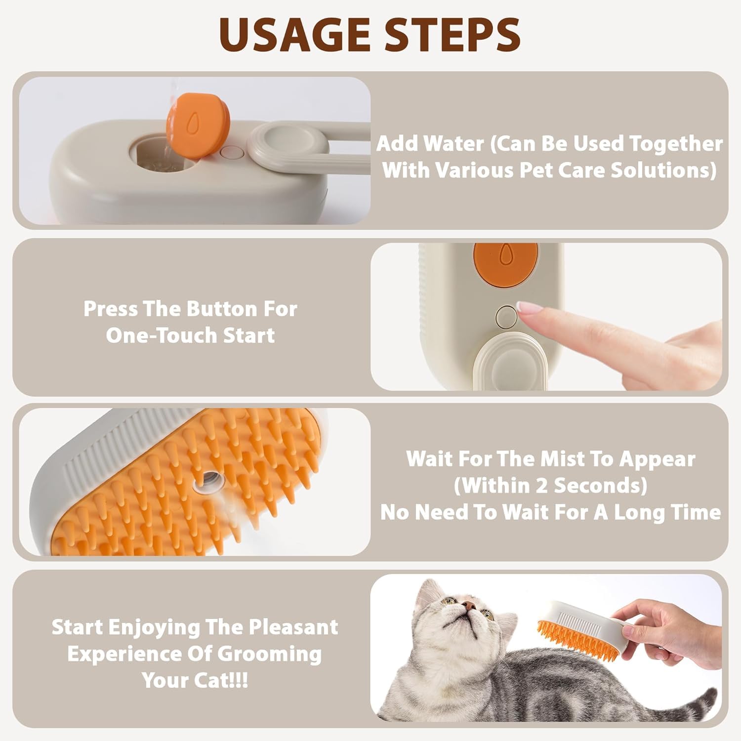 4-in-1 Rechargeable Pet Grooming Kit - Rotating Handle Cat & Dog Brush with Steam for Heavy Shedding, 360° Massage & Deep Cleaning | Hair Removal System for Long/Short Haired Pets | Perfect for Home Grooming & Professional Use (Khaki)