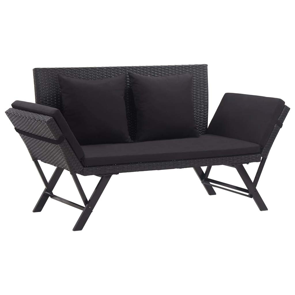 Black Rattan Patio Bench Loveseat with Cushions - Convertible 2-Person Seating Chair & Daybed for Outdoor Garden, Balcony or Poolside Relaxation