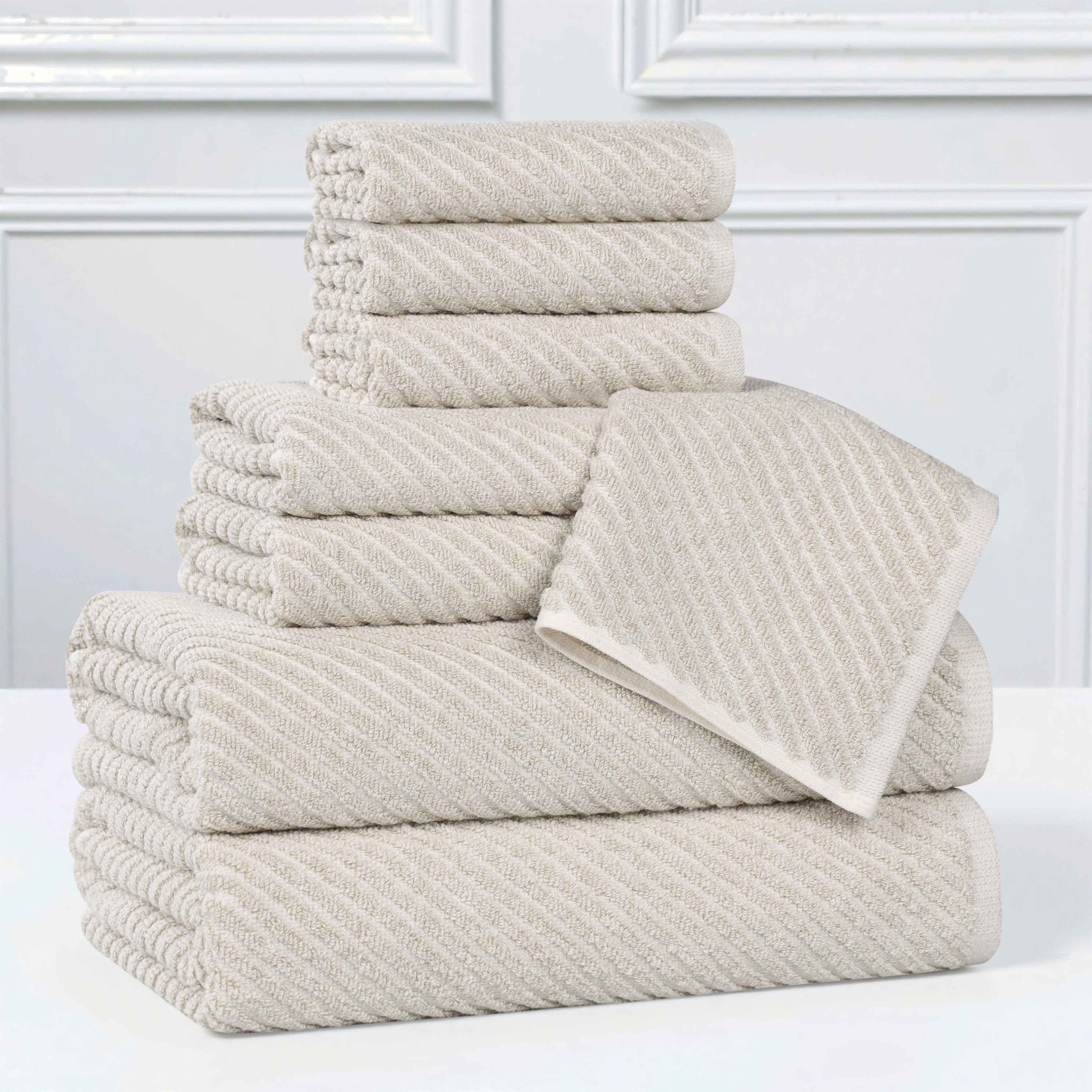 Amelia 8-Piece Cotton Blend Towel Set - Medium Weight Diagonal Stripes for Bathroom, Spa & Guest Use