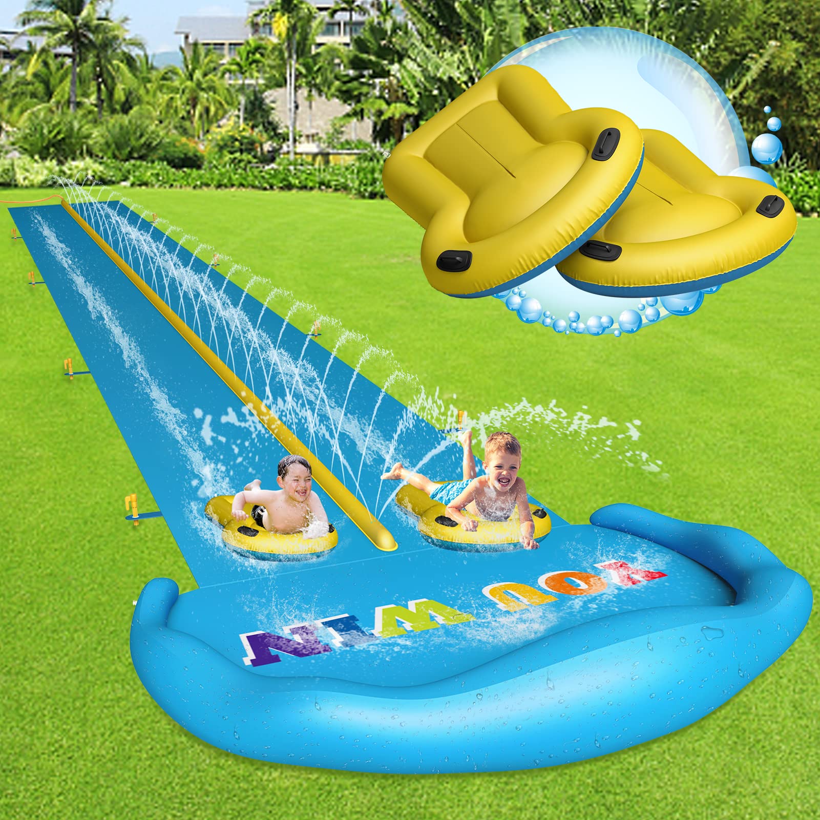 Evoio 32.8ft Inflatable Water Slide with 2 Racing Lanes & 2 Body Boards - Outdoor Backyard Water Park Toy for Kids, Boys, Girls & Adults - Perfect for Summer Parties, Birthday Celebrations & Family Fun