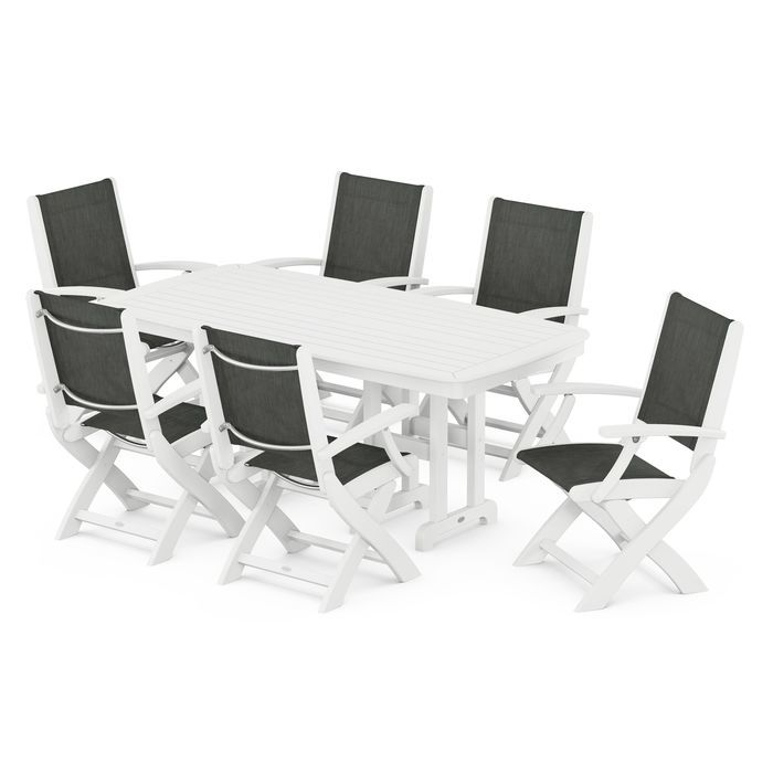 POLYWOOD Coastal Folding Arm Chair 7-Piece Outdoor Dining Set - Perfect for Patio, Deck, Poolside & Beachfront Entertaining