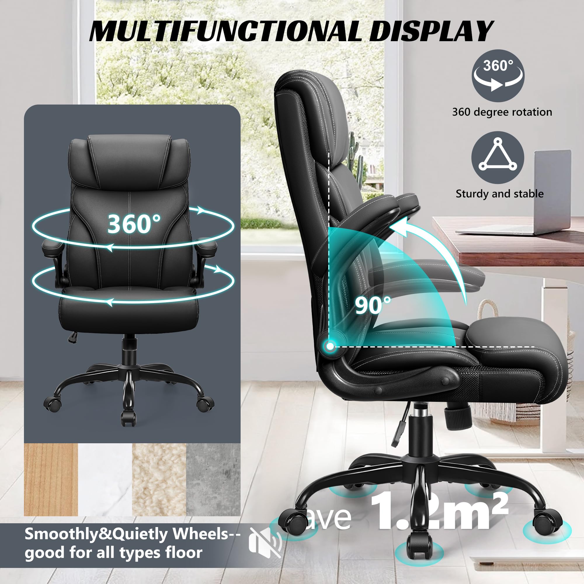 Ergonomic Big and Tall Office Chair - Adjustable High Back Executive Computer Desk Chair with Breathable Leather, Flip-Up Armrests & Lumbar Support - Swivel & Rocking PC Gaming Chair for Home Office, Workstation & Conference Room