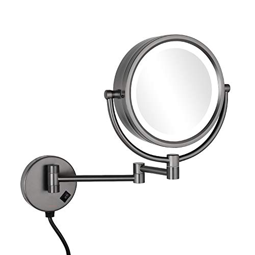 GURUN 8.5 Inch LED Vanity Mirror with 3 Light Modes & 10X Magnification - Double Sided Makeup Mirror with Adjustable Brightness for Bathroom, Dressing Table & Travel (Gun Gray, Plug-in Power) - Perfect for Makeup Application, Skincare Routine & Eyebrow Grooming