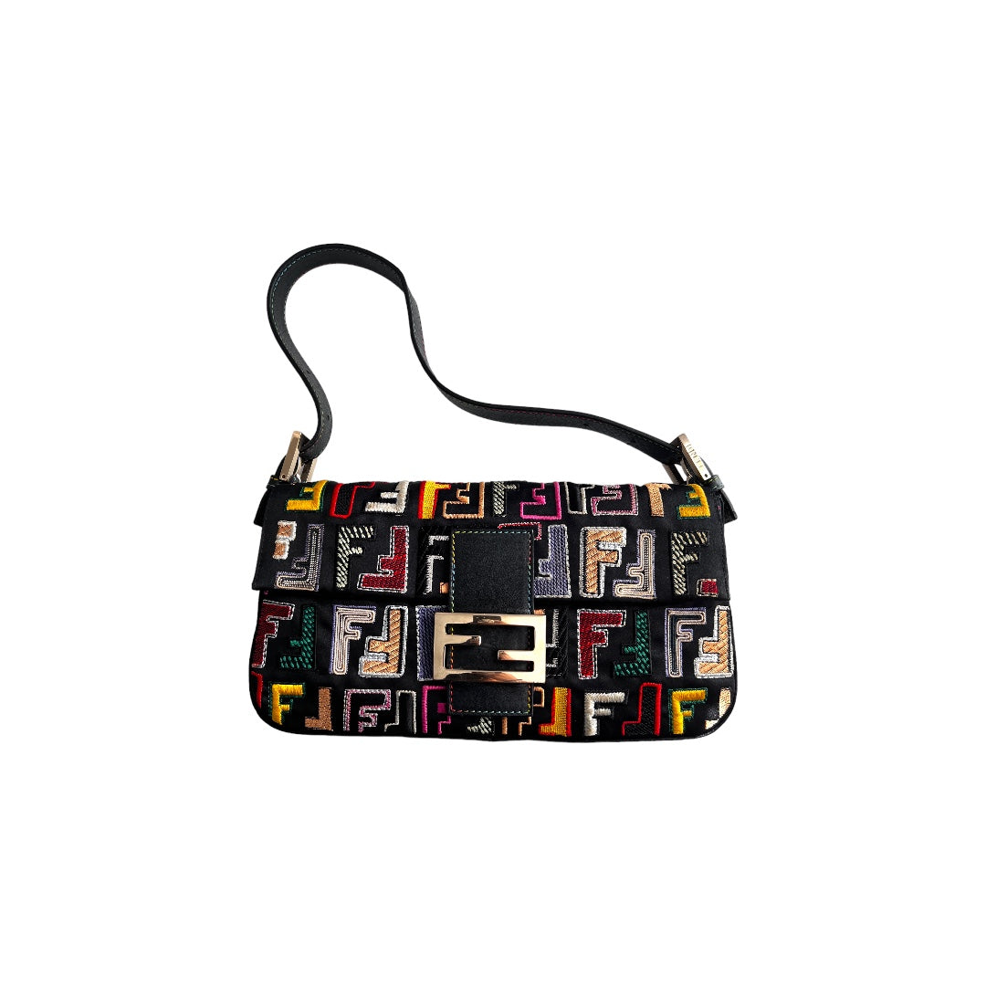 Fendi Multicolor Embroidered F Logo Baguette Bag - Stylish Crossbody Purse for Women, Perfect for Parties, Dates & Everyday Use