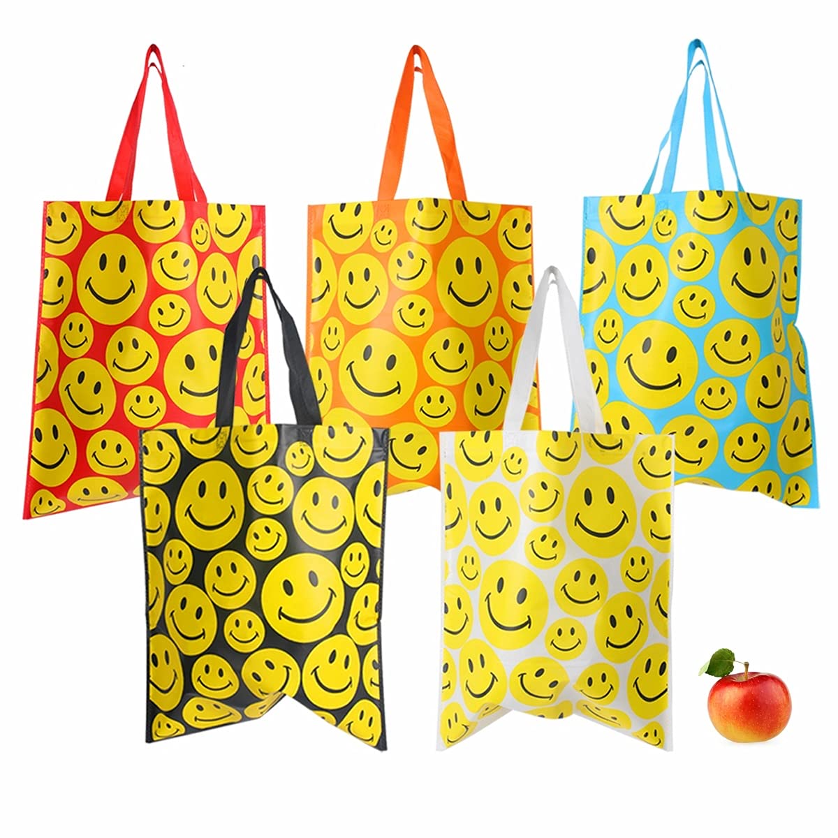 Funiverse Bulk 25 Pack Happy Smile Face Reusable Shopping Totes & Gift Bags - Eco-Friendly Grocery Bags for Shopping, Parties, and Gifting