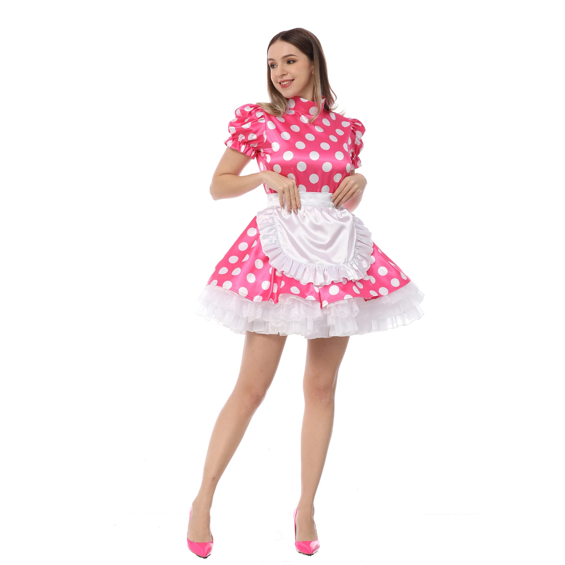 JOLINE Sissy Women's Vintage Maid Dress - Pink with White Polka Dots, Satin Puff Sleeve Costume for Cosplay, Halloween, Role Play & Themed Parties