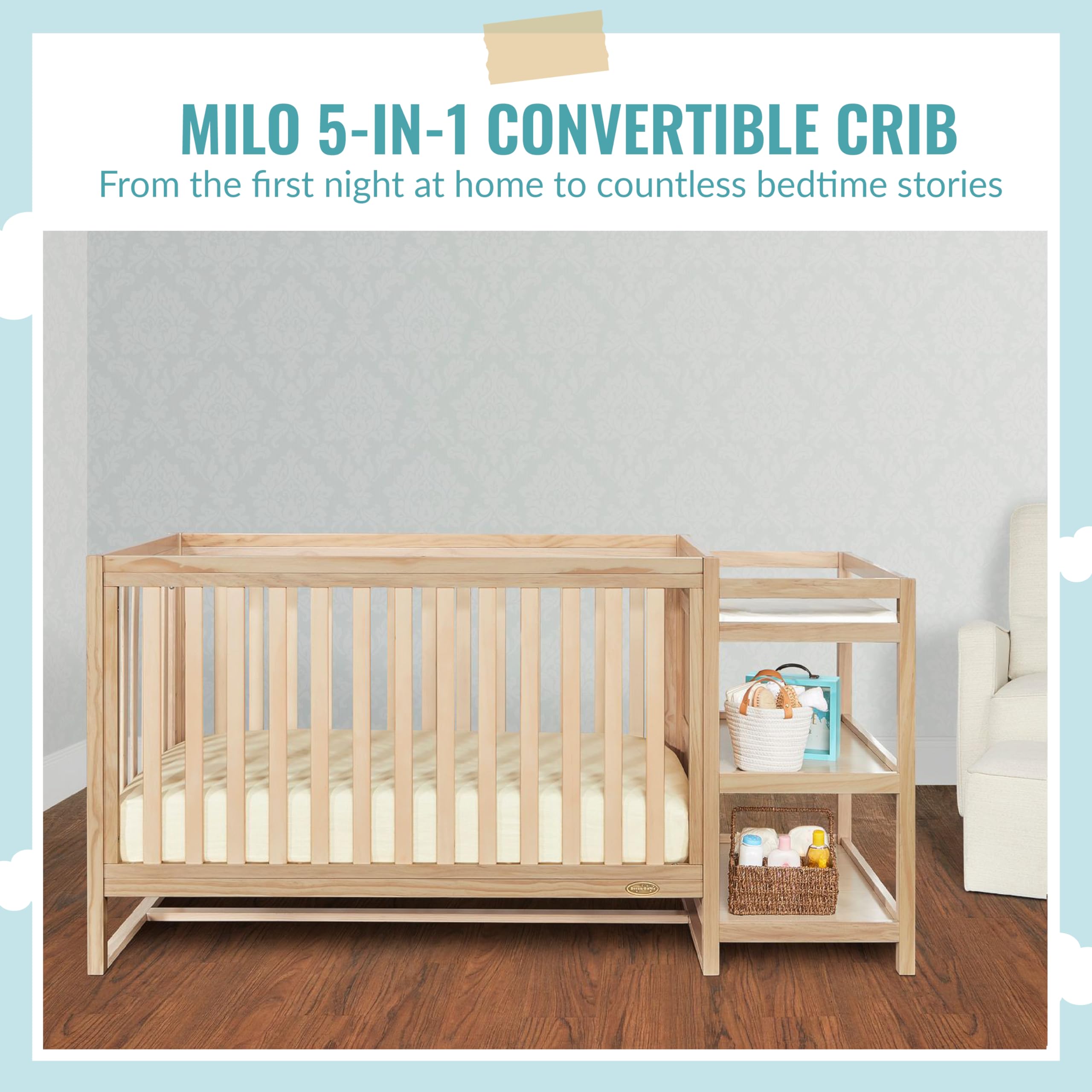 Dream On Me Milo 5-in-1 Convertible Crib & Changing Table with Free Changing Pad - Vintage White Oak Finish, 3 Adjustable Mattress Heights, Non-Toxic Pinewood | Nursery Furniture for Baby's Bedroom & Daycare Centers