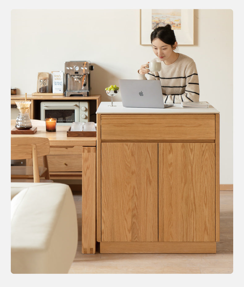 Solid Oak Wood Rock Plate Island - Multi-Functional Dining Sideboard for Kitchen, Dining Room & Living Room Storage