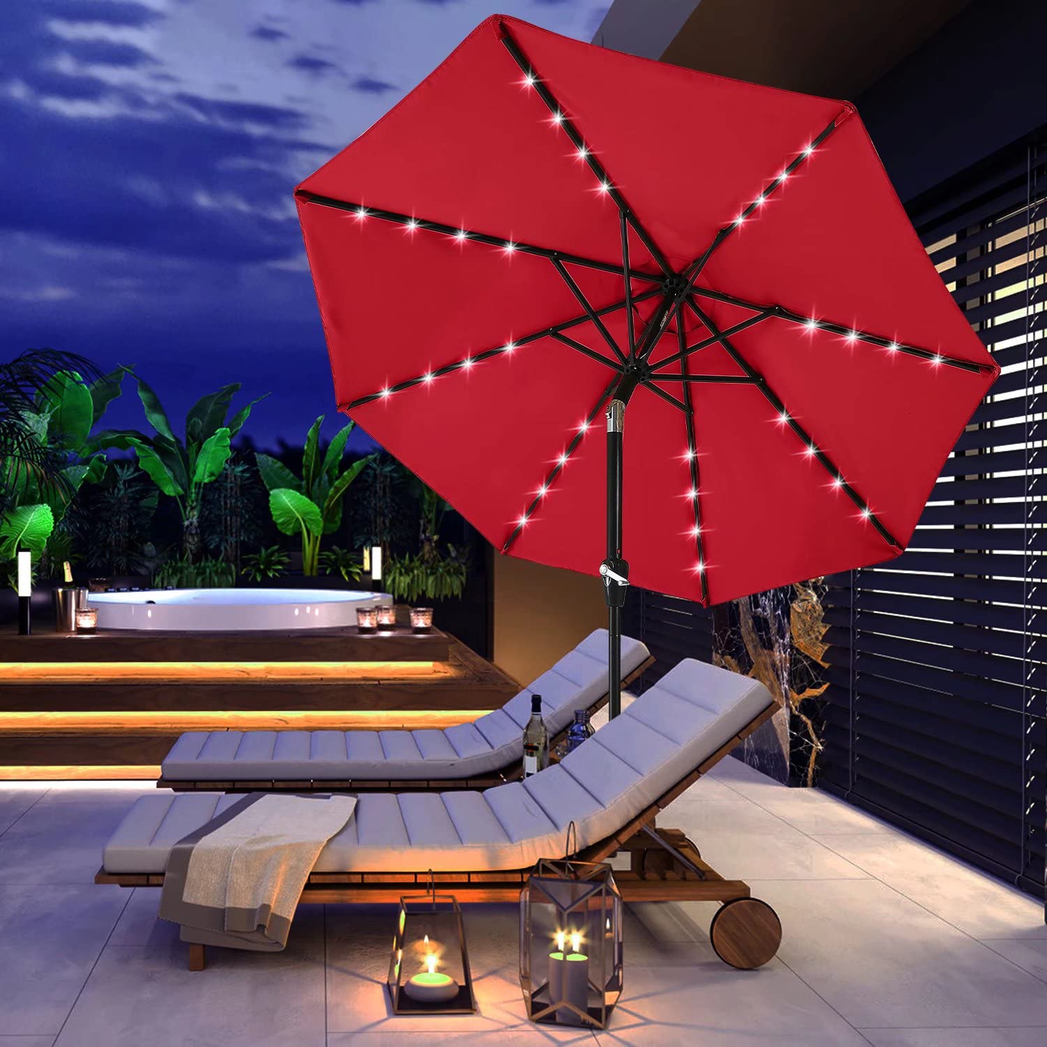 Durable 11FT Solar LED Patio Umbrella with 32 LED Lights - Red | Waterproof Outdoor Canopy for Garden, Poolside & Backyard Relaxation