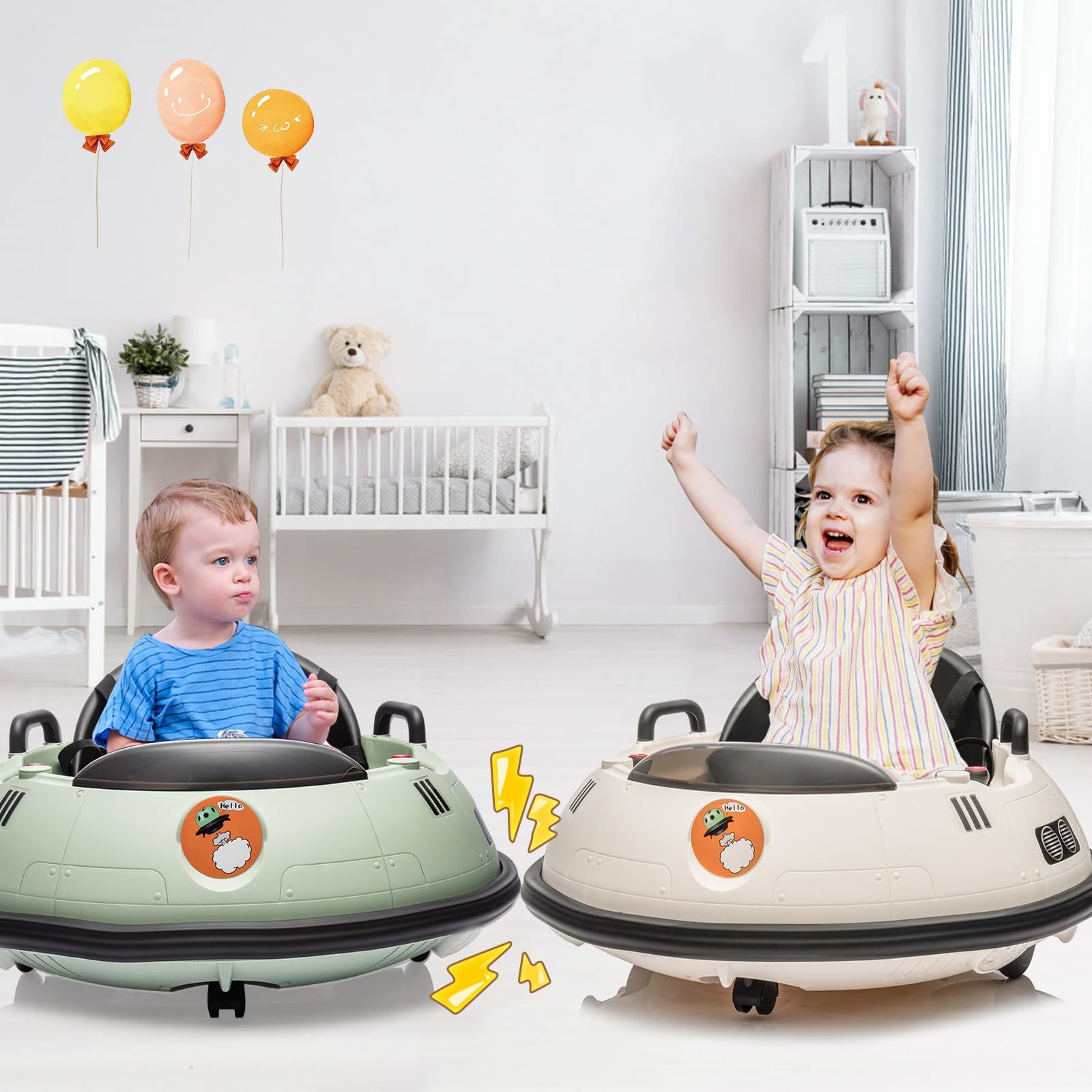 12V Electric Ride-On Bumper Car for Toddlers & Kids - Remote Control, 360° Spin, 3 Speed Modes, LED Lights, Dual Joysticks & Safety Belt - Perfect for Indoor/Outdoor Play (18+ Months, White)