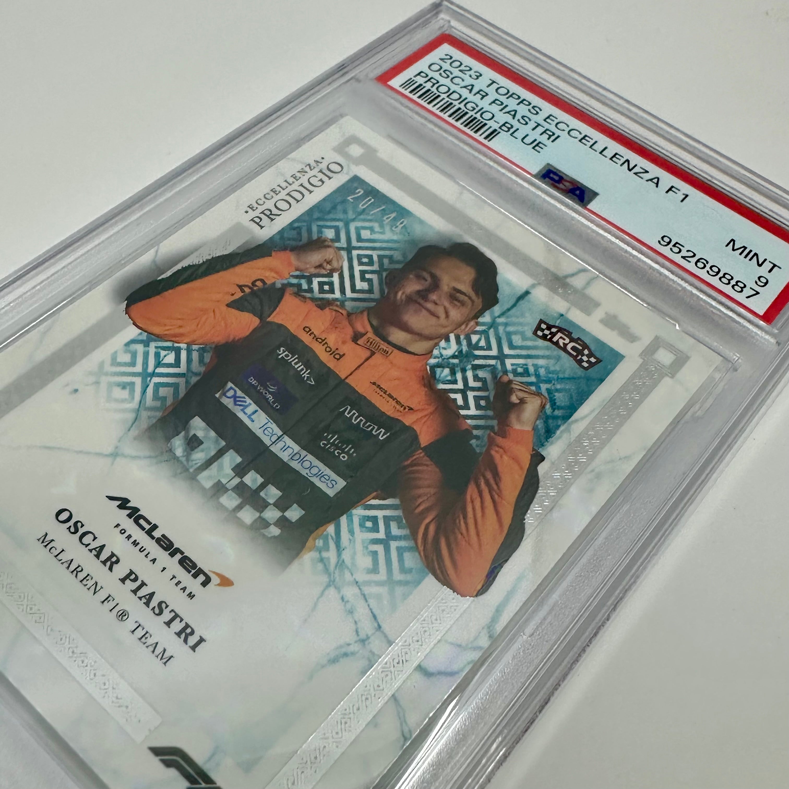 PSA 9 Graded 20/49 Oscar Piastri Blue 2023 Eccellenza Prodigio Rookie Card - Perfect for Sports Collectors & F1 Racing Fans Display