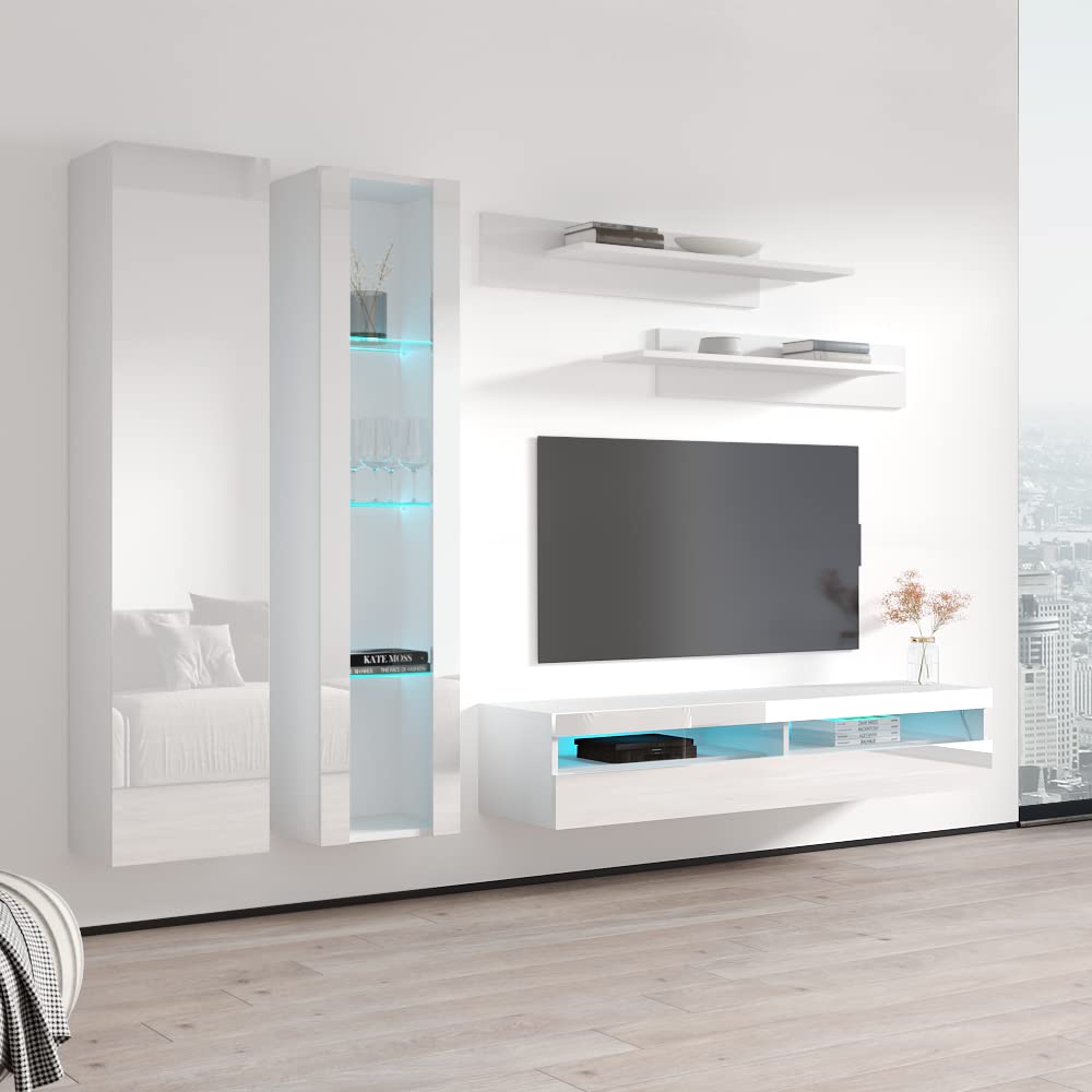 Modern White Wall-Mounted TV Stand with Storage Shelves & LED Lights - Floating Entertainment Center Console for Living Room & Bedroom - Perfect for Small Spaces, Apartments, and Home Theater Setups - Meble Furniture Fly A4 35TV Stand
