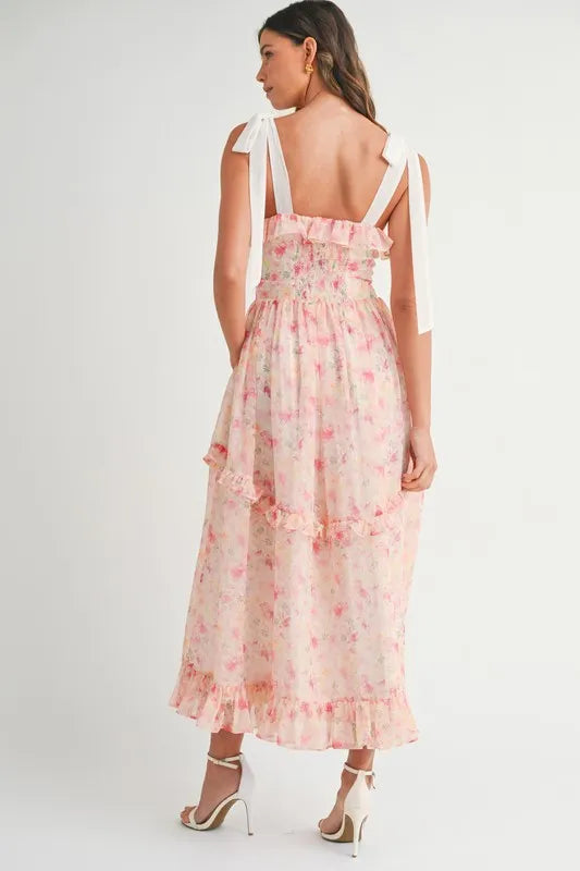 Floral Blush Pink Shoulder Strap Midi Summer Dress - Women's Flowy Casual Sundress for Beach, Vacation & Outdoor Parties