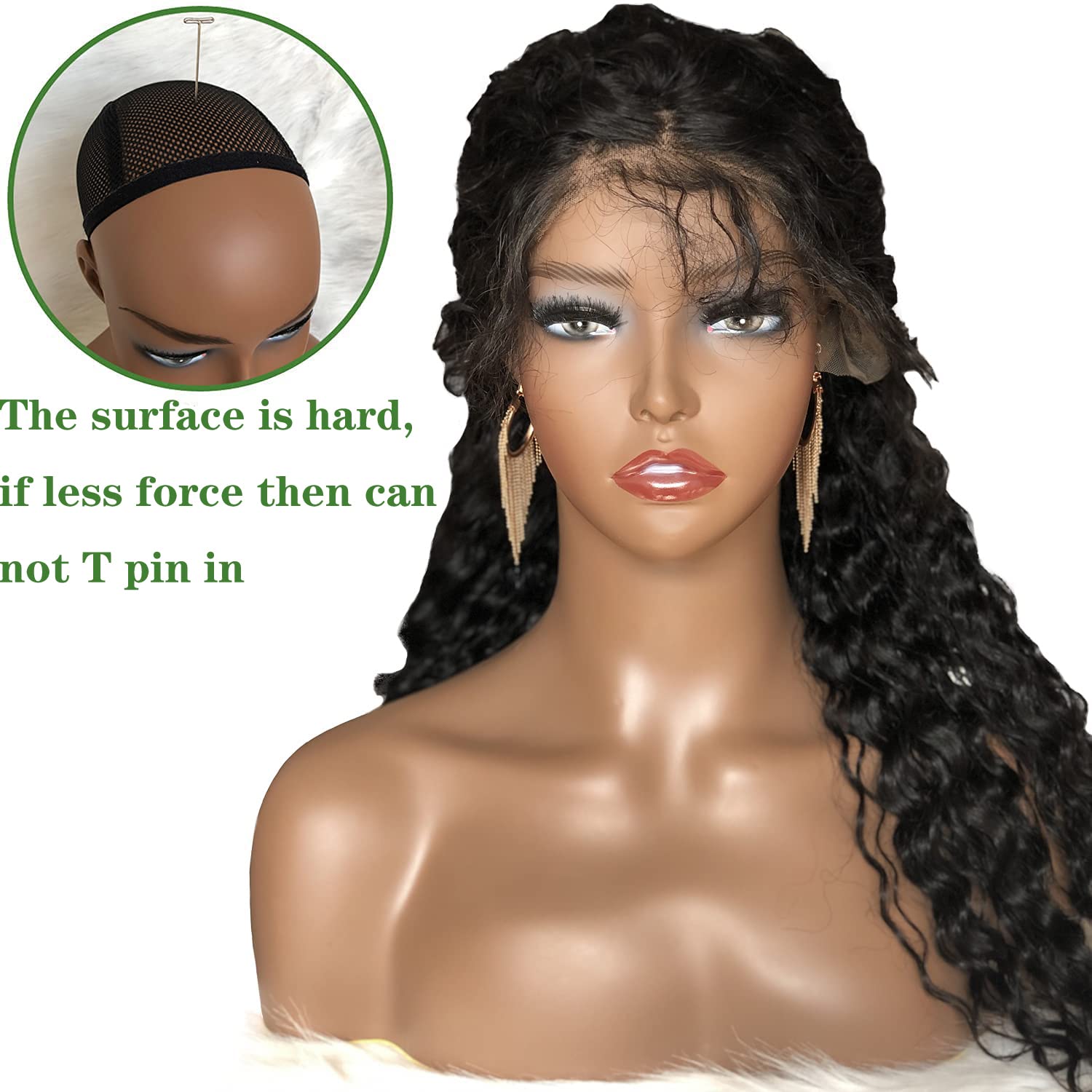 Realistic Female Mannequin Head with Shoulders - Dark Brown PVC Wig Display Head for Styling, Wigs, Jewelry & Accessories - Perfect for Salon, Beauty School & Home Makeup Practice