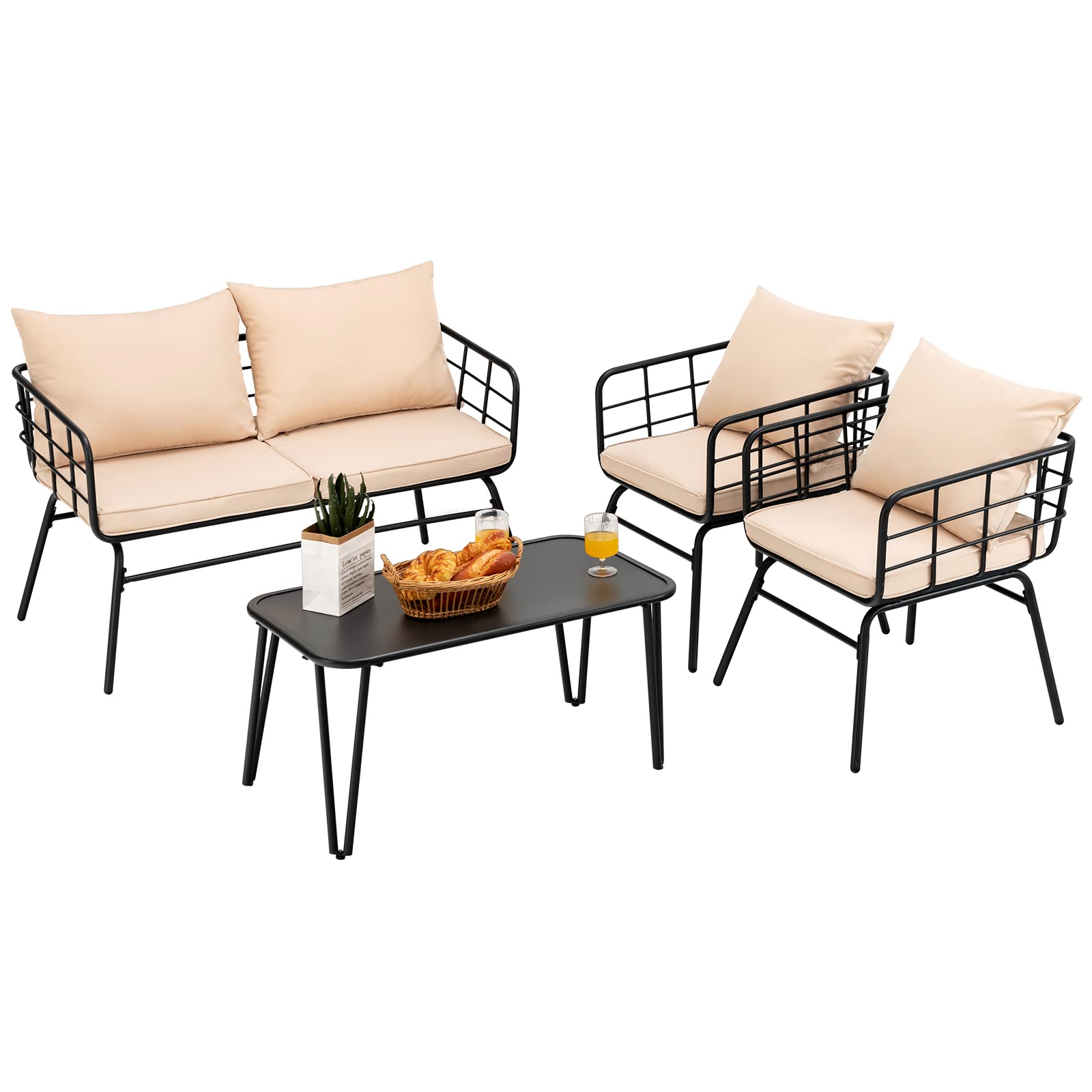 Giantex 4-Piece Outdoor Patio Furniture Set - Steel Frame Loveseat Bench, Coffee Table & 2 Bistro Chairs with Cushions for Garden, Yard, Balcony, Poolside (Beige & Black) | Perfect for Relaxing, Entertaining & Outdoor Dining