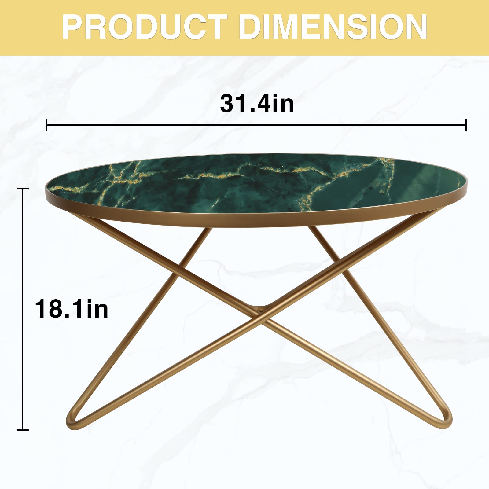 Round Coffee Table with Green Faux Marble Top - Modern Living Room Centerpiece for Small Spaces & Apartments