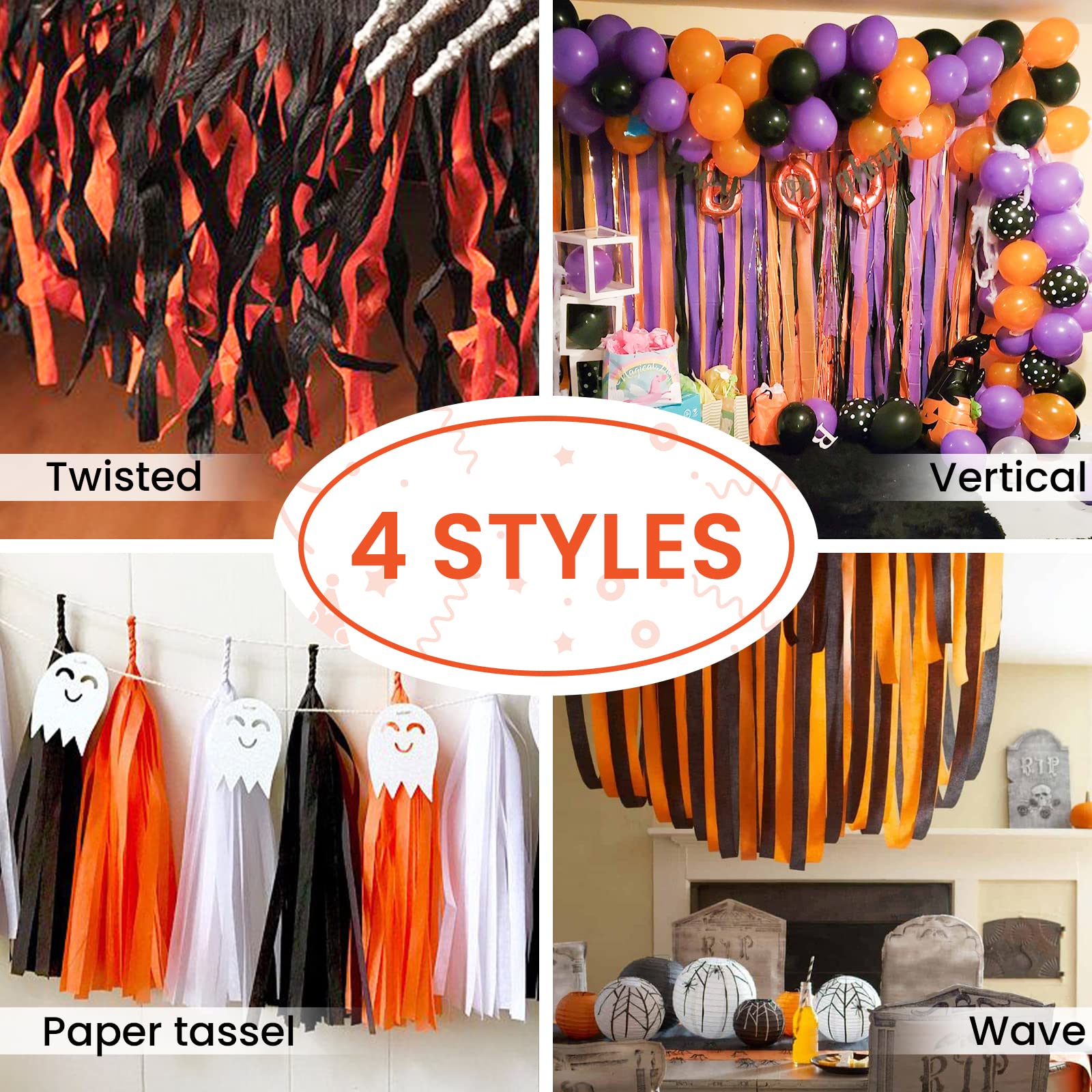 PartyWoo Crepe Paper Streamers 4 Rolls (328ft Total) - Deep Orange Decorative Paper for Party, Wedding, Birthday & Baby Shower Decorations (1.8