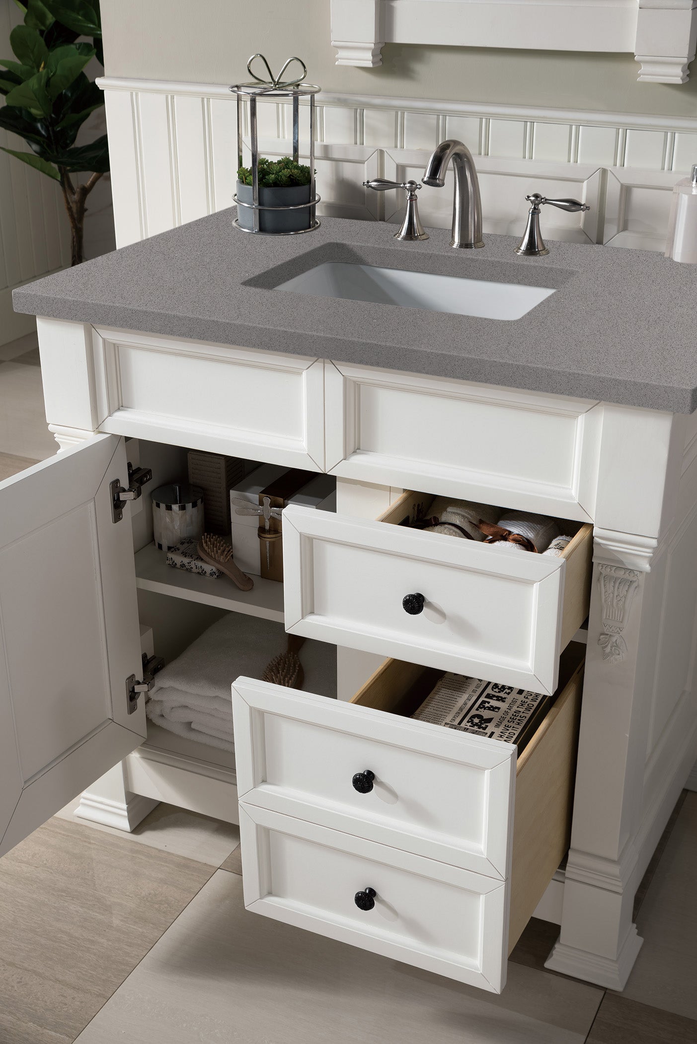 Brookfield 36 Inch Single Bathroom Vanity Set with Bright White Finish & 3CM Gray Expo Quartz Countertop - Perfect for Modern Master Bath or Guest Bath Remodel