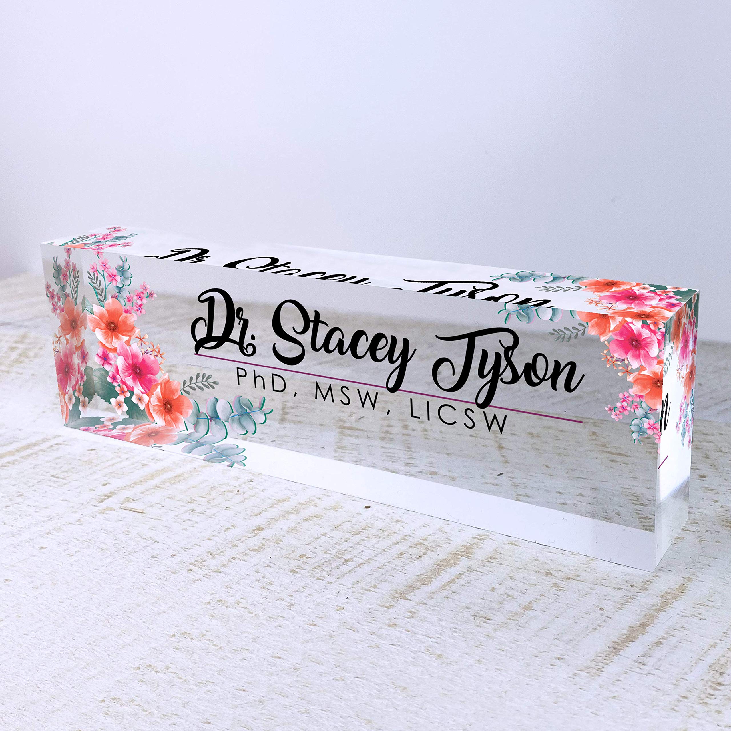 Personalized Acrylic Office Desk Name Plate - Custom Engraved Name Sign with Wild Flowers Design (8
